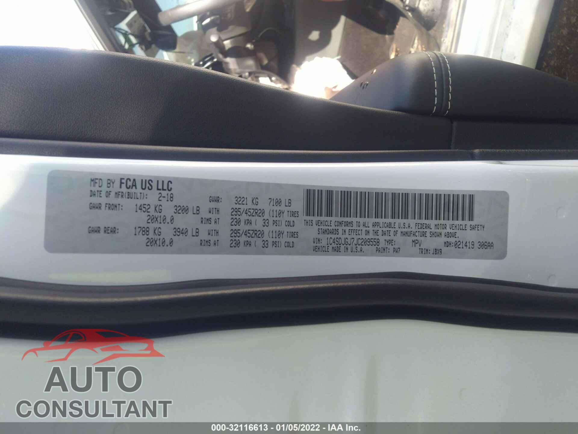 DODGE DURANGO 2018 - 1C4SDJGJ7JC209558