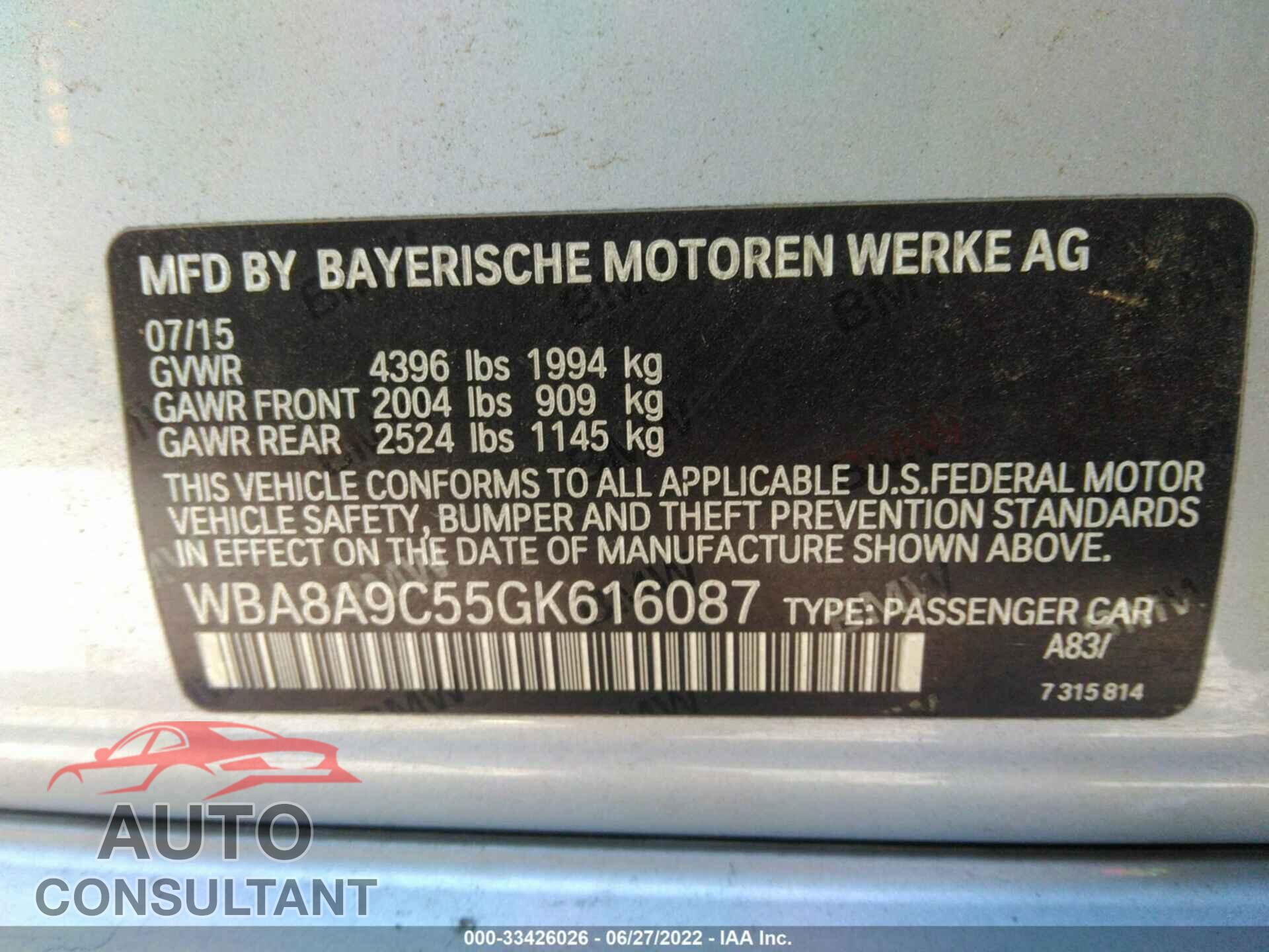 BMW 3 SERIES 2016 - WBA8A9C55GK616087