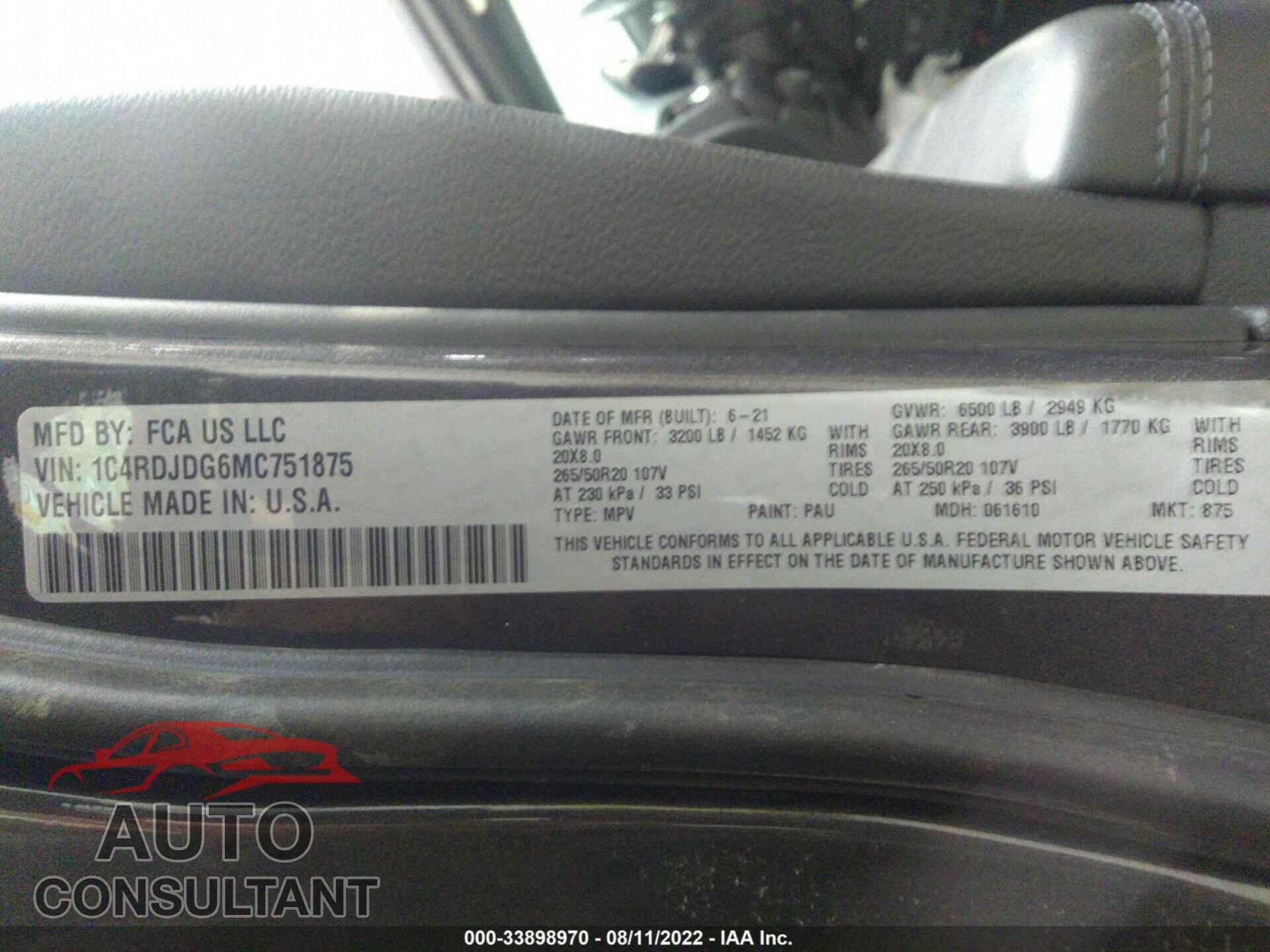 DODGE DURANGO 2021 - 1C4RDJDG6MC751875