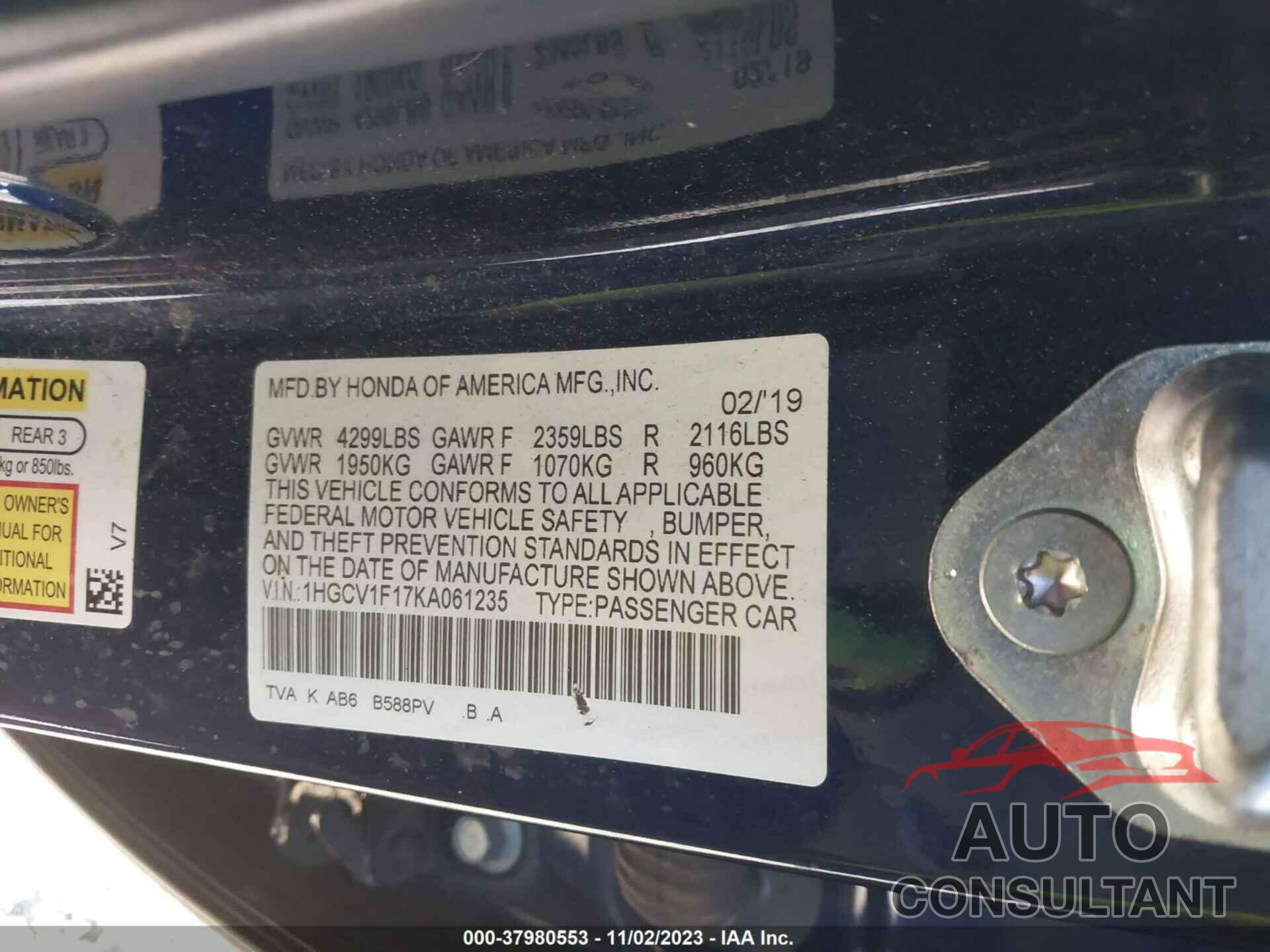 HONDA ACCORD SEDAN 2019 - 1HGCV1F17KA061235