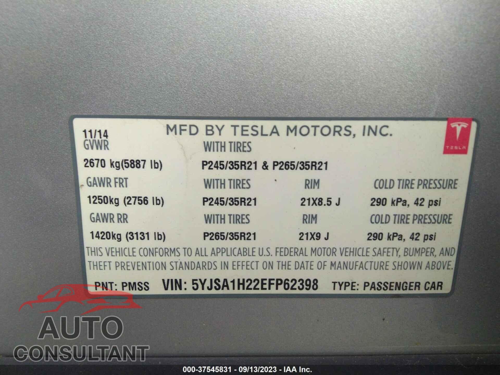 TESLA MODEL S 2014 - 5YJSA1H22EFP62398
