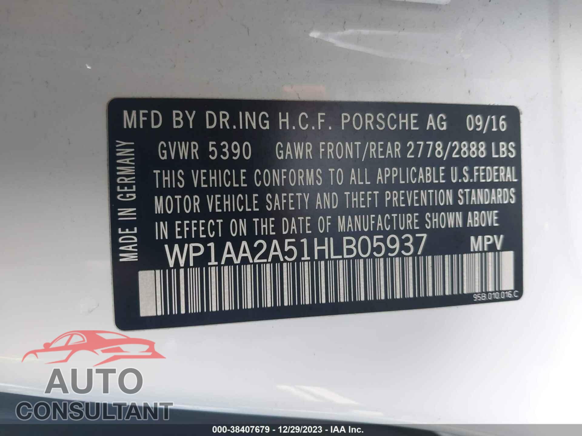 PORSCHE MACAN 2017 - WP1AA2A51HLB05937
