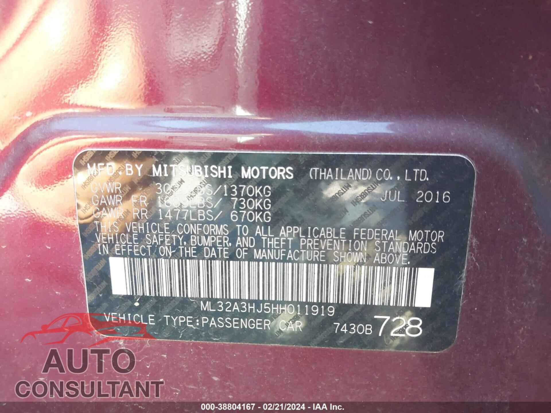 MITSUBISHI MIRAGE 2017 - ML32A3HJ5HH011919