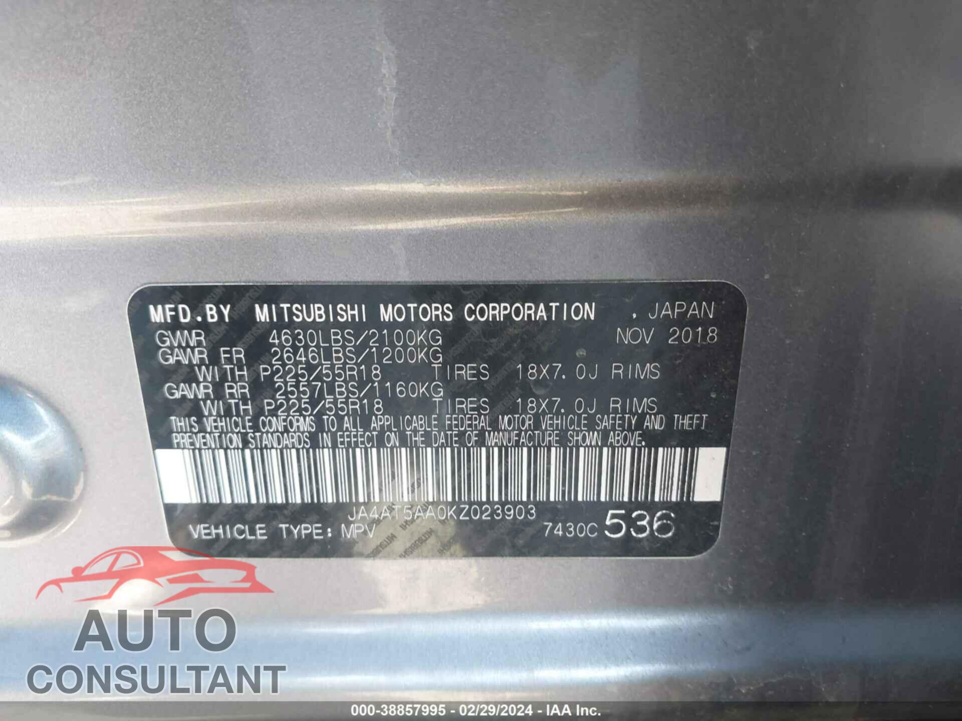 MITSUBISHI ECLIPSE CROSS 2019 - JA4AT5AA0KZ023903
