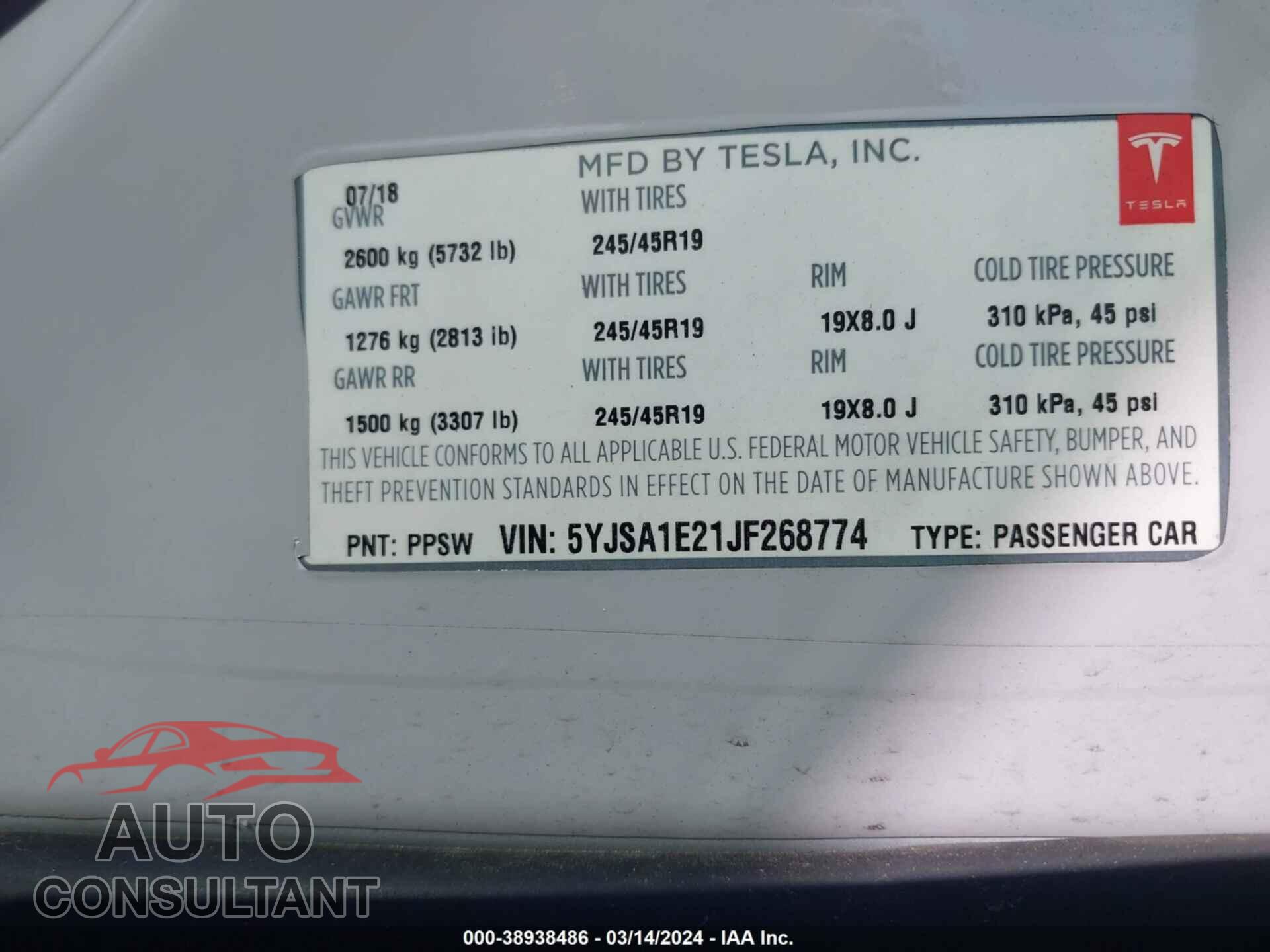 TESLA MODEL S 2018 - 5YJSA1E21JF268774