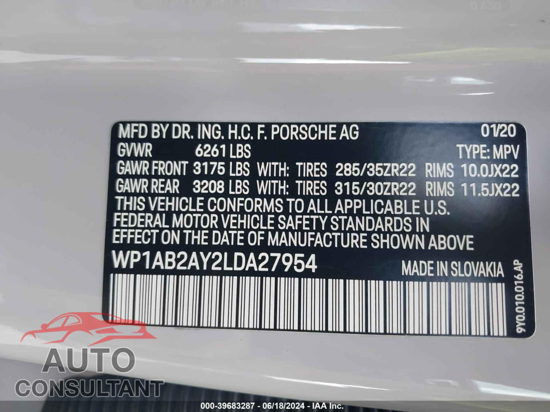 PORSCHE CAYENNE 2020 - WP1AB2AY2LDA27954