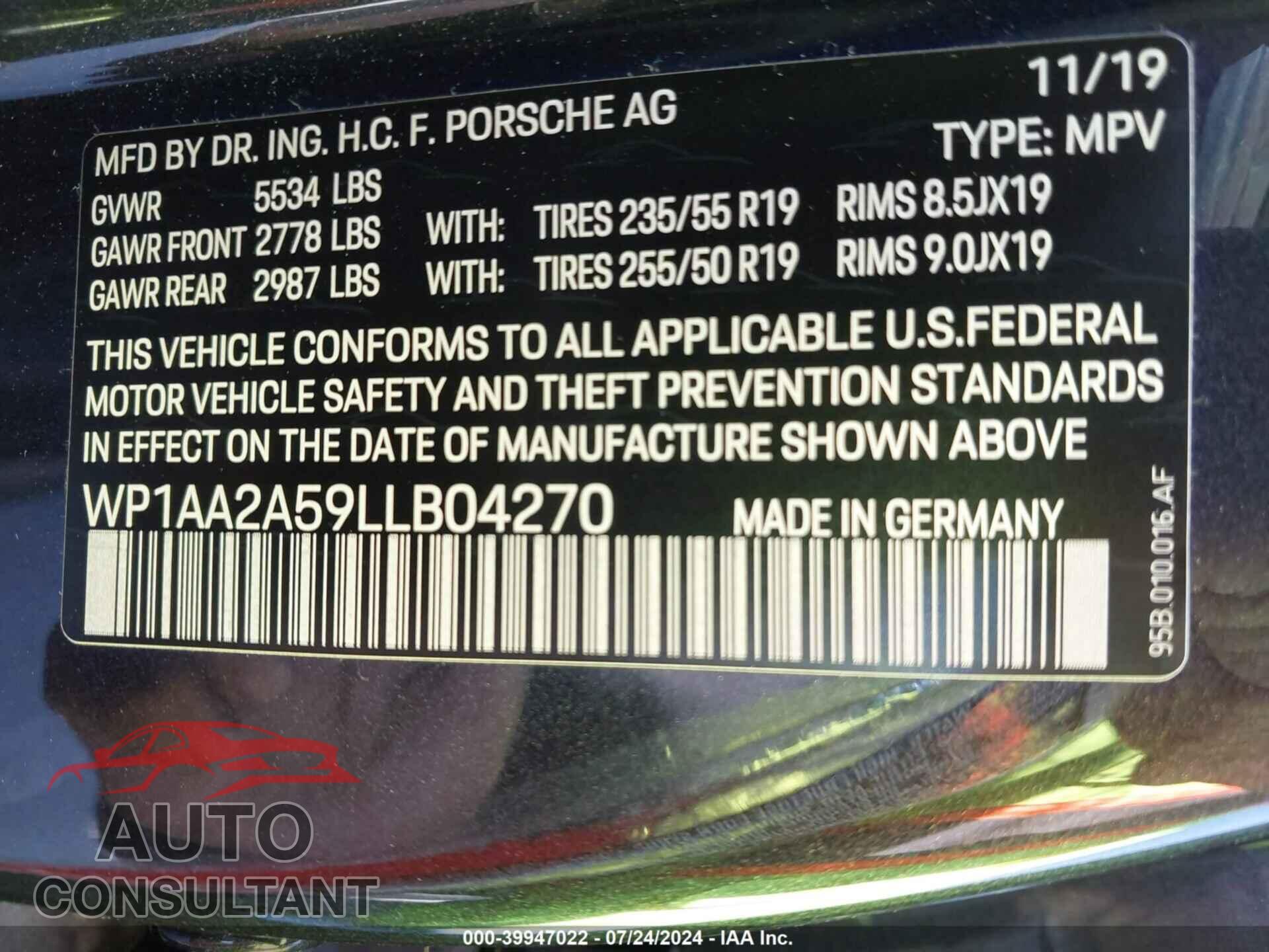 PORSCHE MACAN 2020 - WP1AA2A59LLB04270