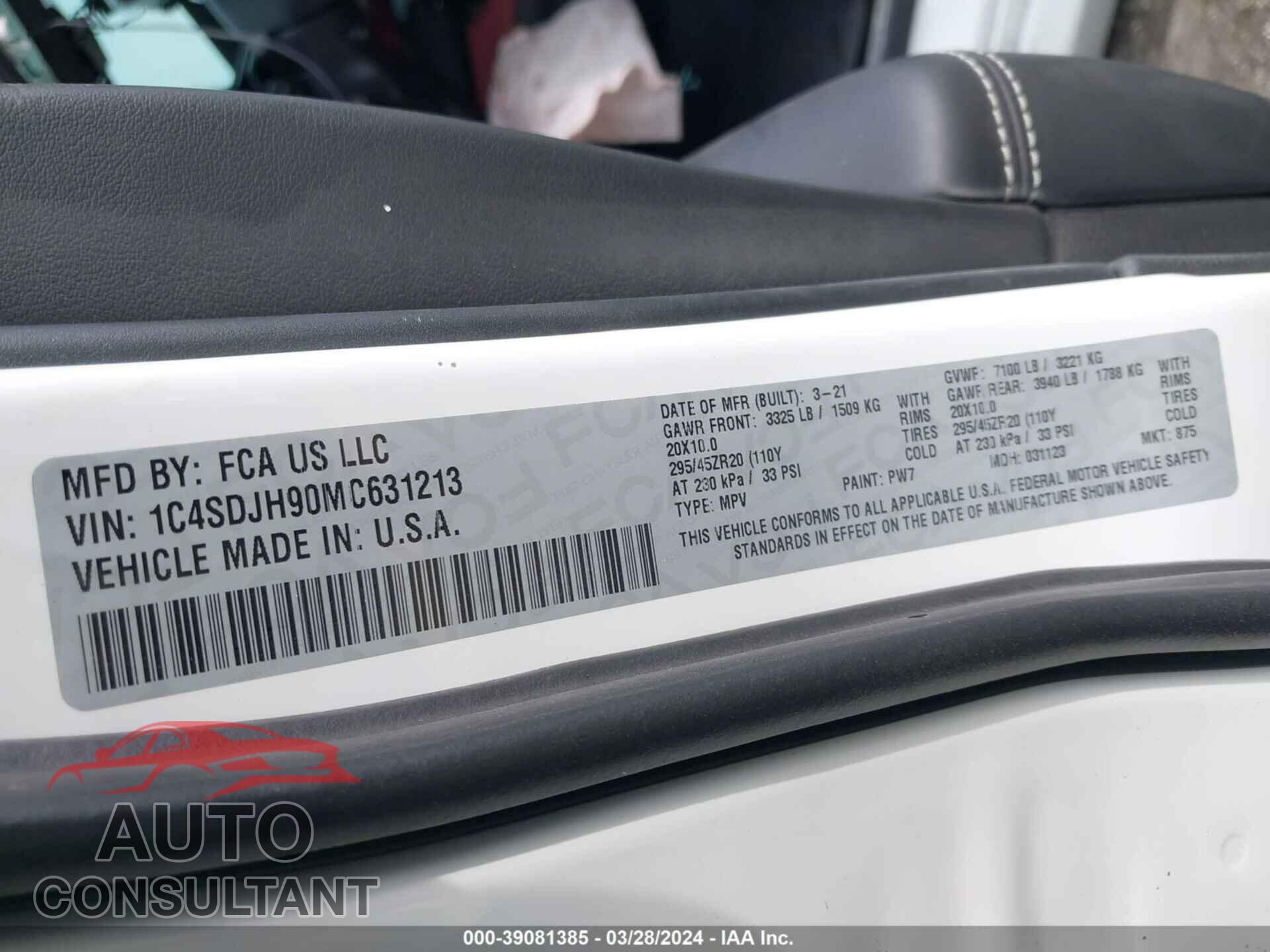 DODGE DURANGO 2021 - 1C4SDJH90MC631213