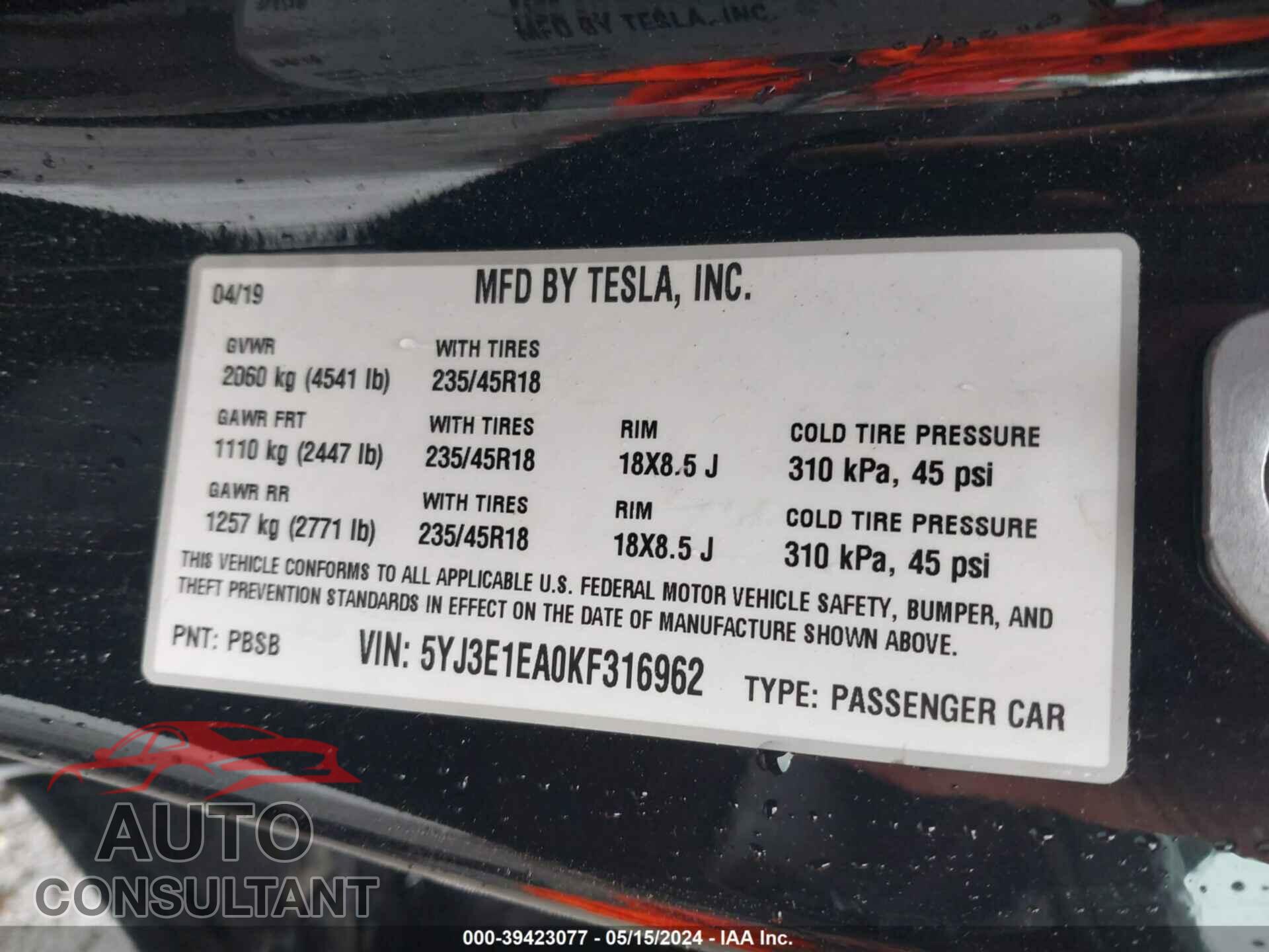 TESLA MODEL 3 2019 - 5YJ3E1EA0KF316962