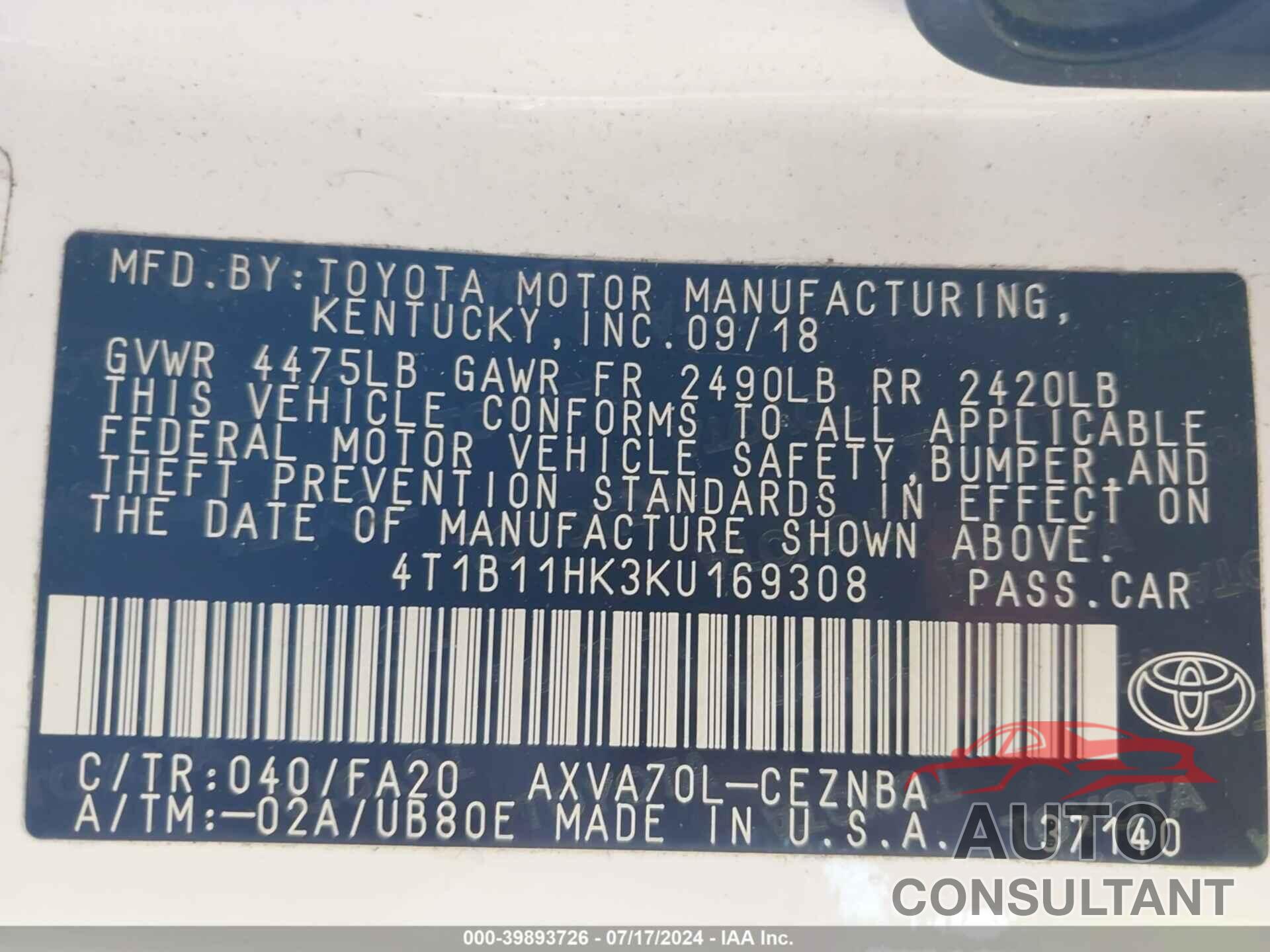 TOYOTA CAMRY 2019 - 4T1B11HK3KU169308