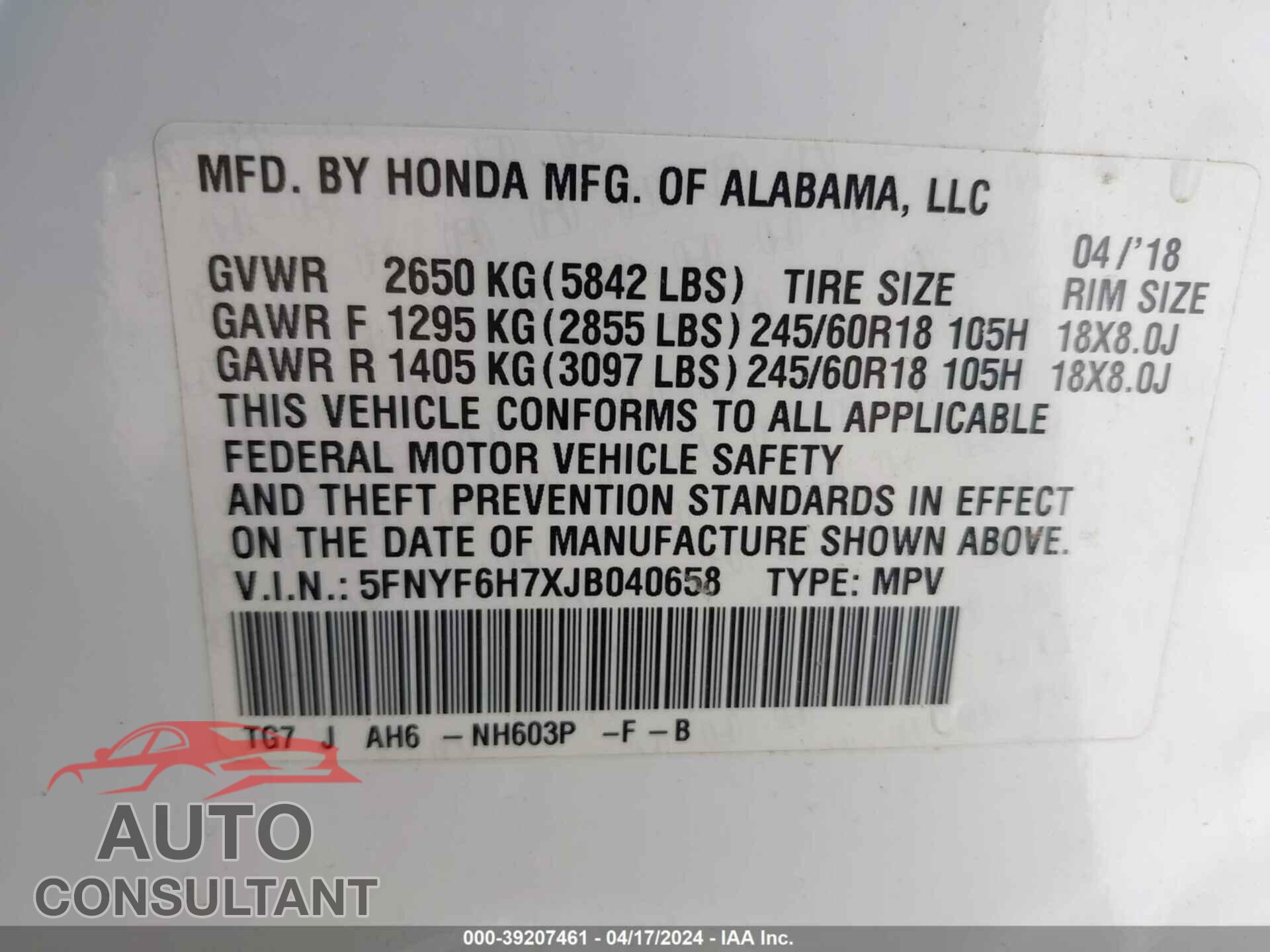 HONDA PILOT 2018 - 5FNYF6H7XJB040658