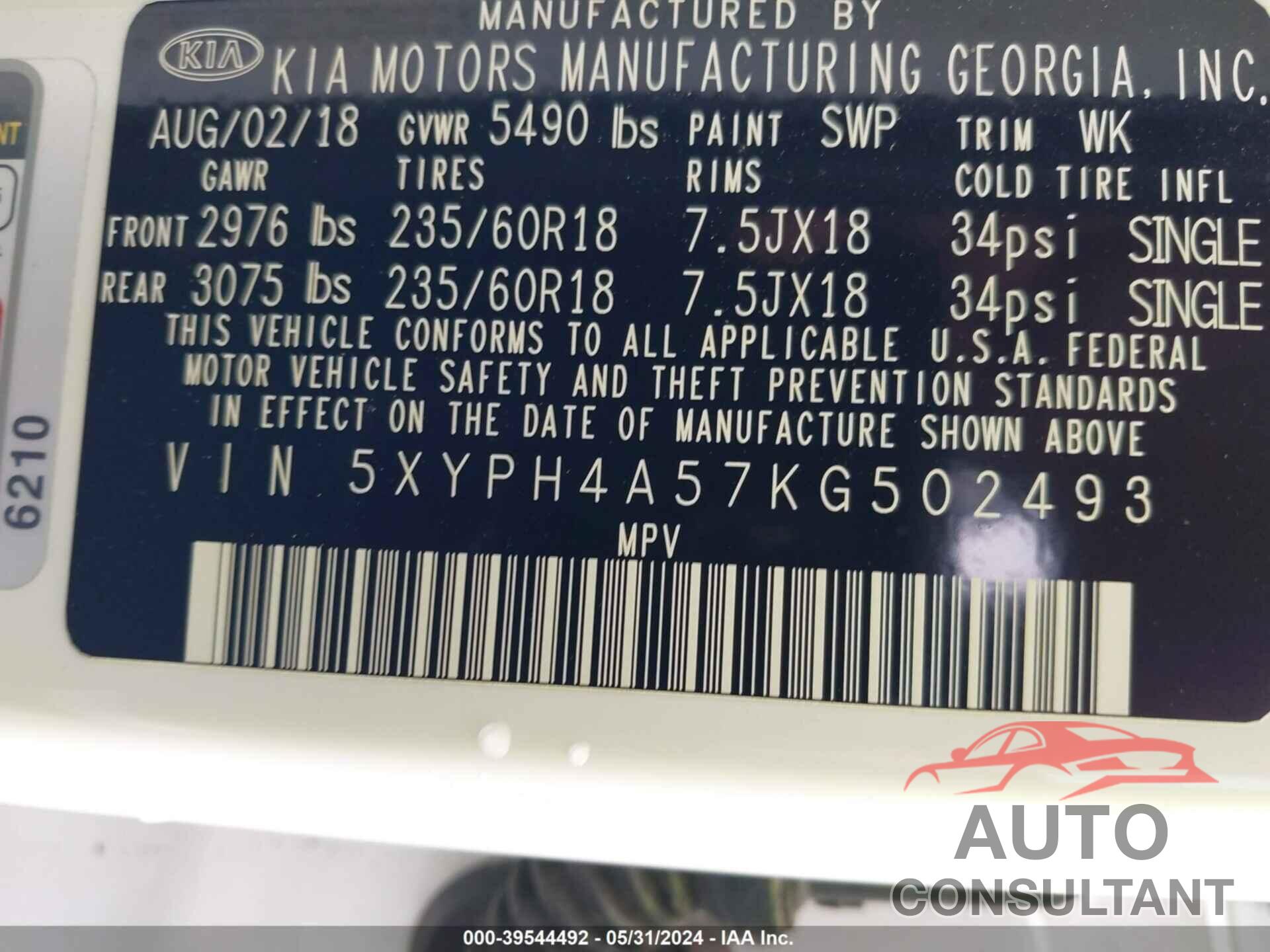 KIA SORENTO 2019 - 5XYPH4A57KG502493