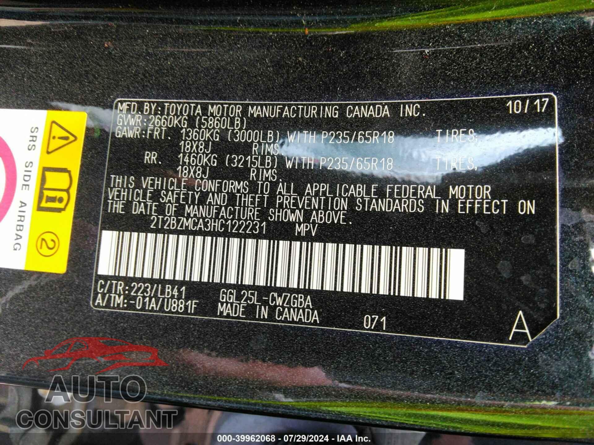 LEXUS RX 350 2017 - 2T2BZMCA3HC122231