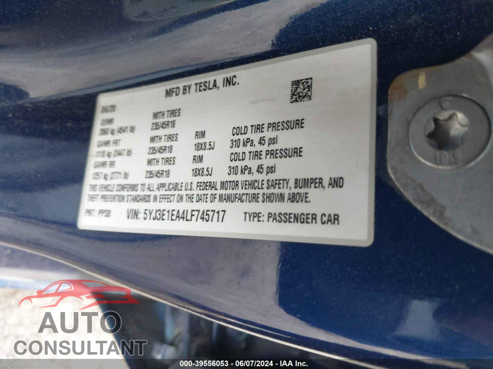 TESLA MODEL 3 2020 - 5YJ3E1EA4LF745717