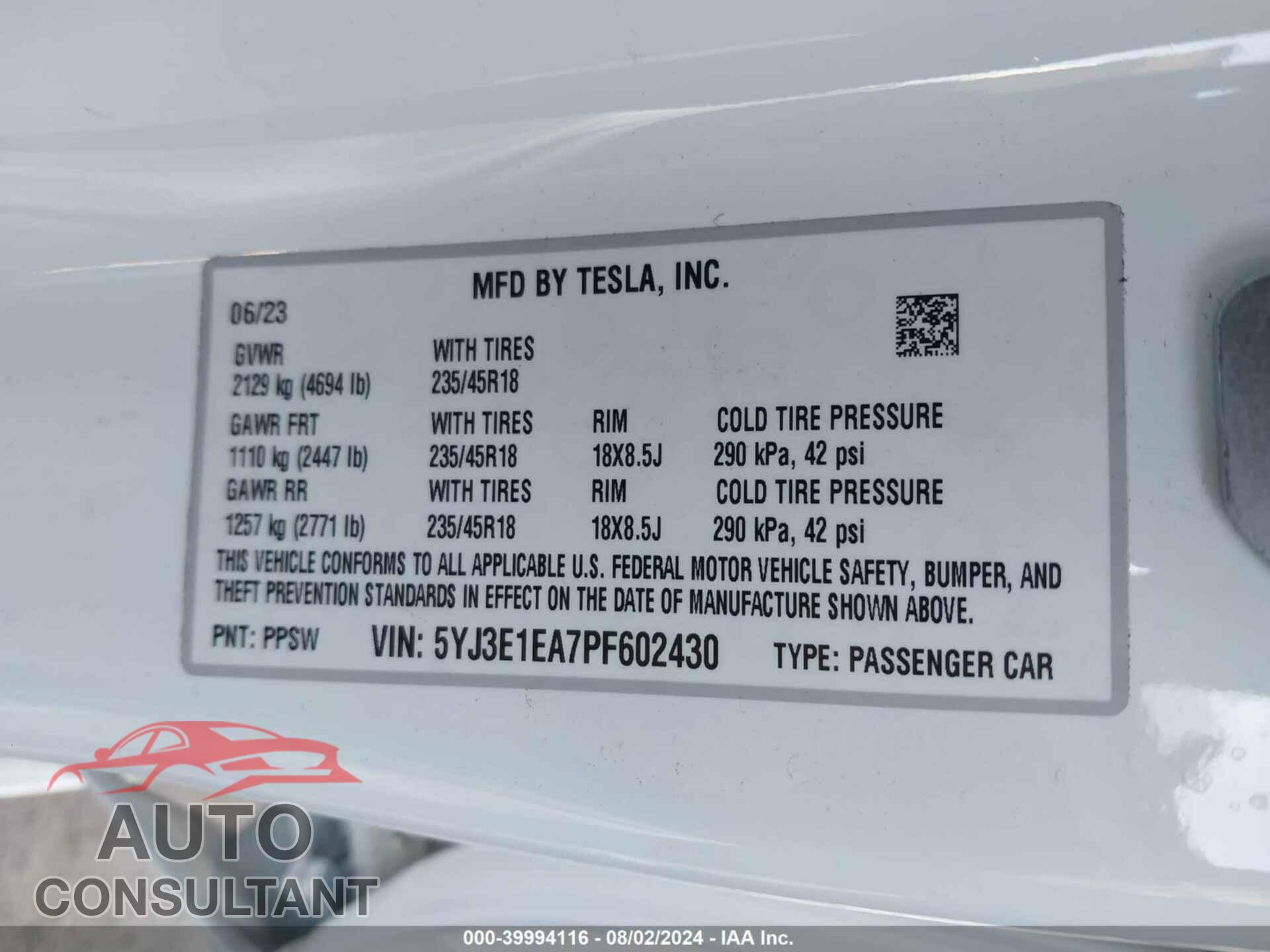 TESLA MODEL 3 2023 - 5YJ3E1EA7PF602430