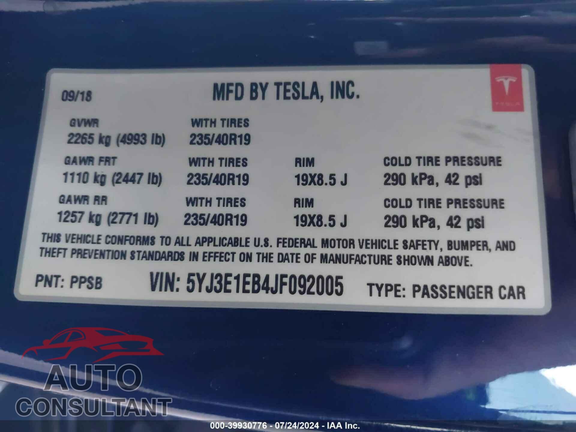 TESLA MODEL 3 2018 - 5YJ3E1EB4JF092005