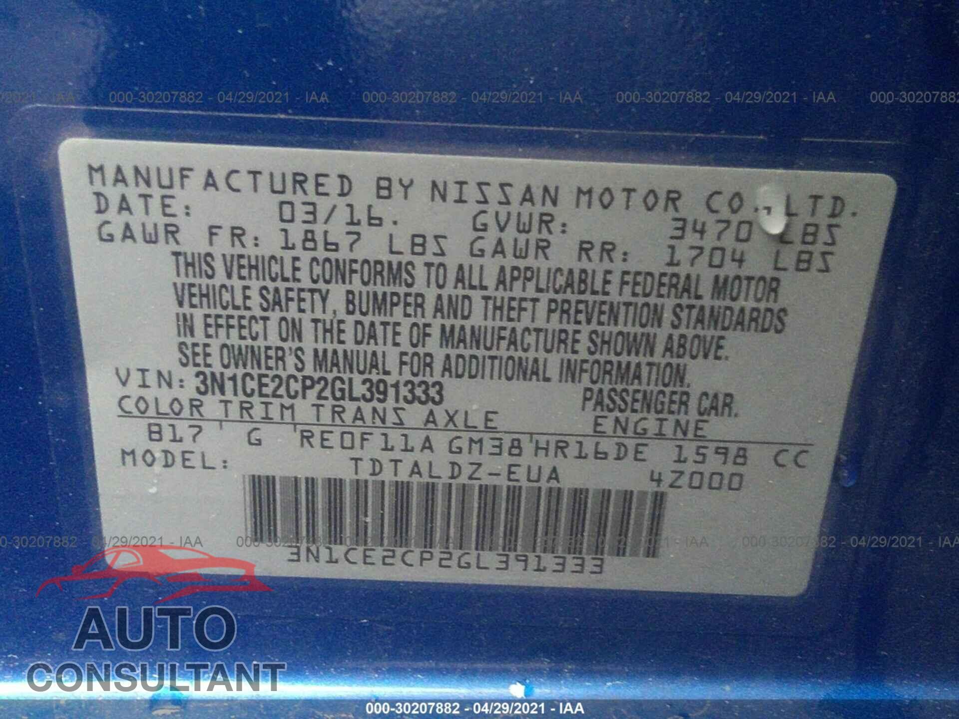 NISSAN VERSA NOTE 2016 - 3N1CE2CP2GL391333