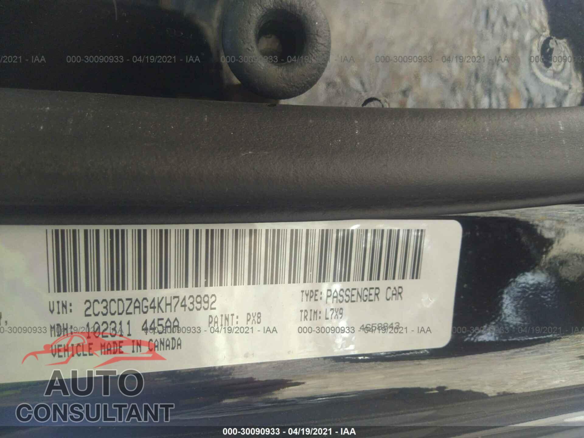 DODGE CHALLENGER 2019 - 2C3CDZAG4KH743992
