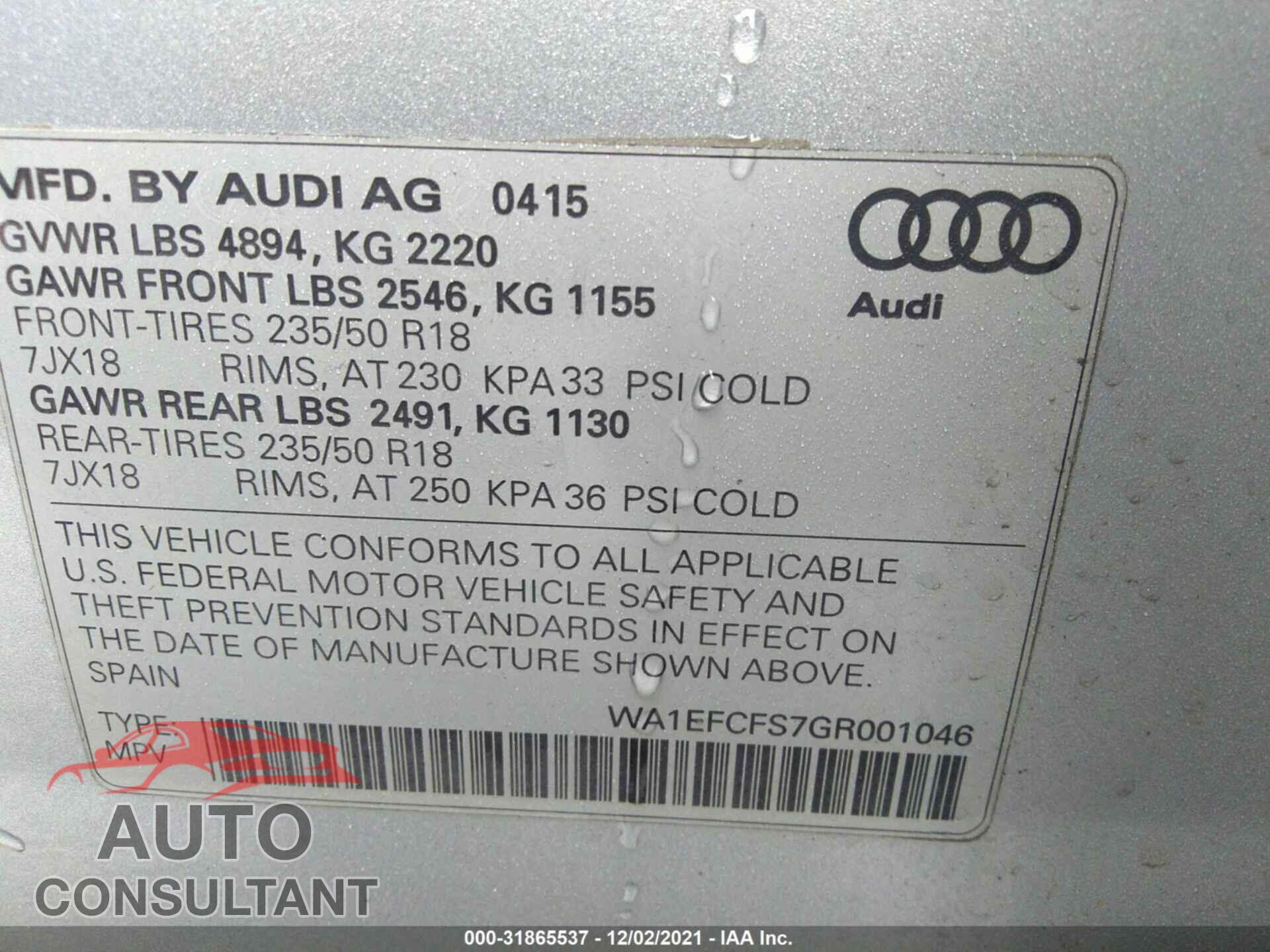 AUDI Q3 2016 - WA1EFCFS7GR001046