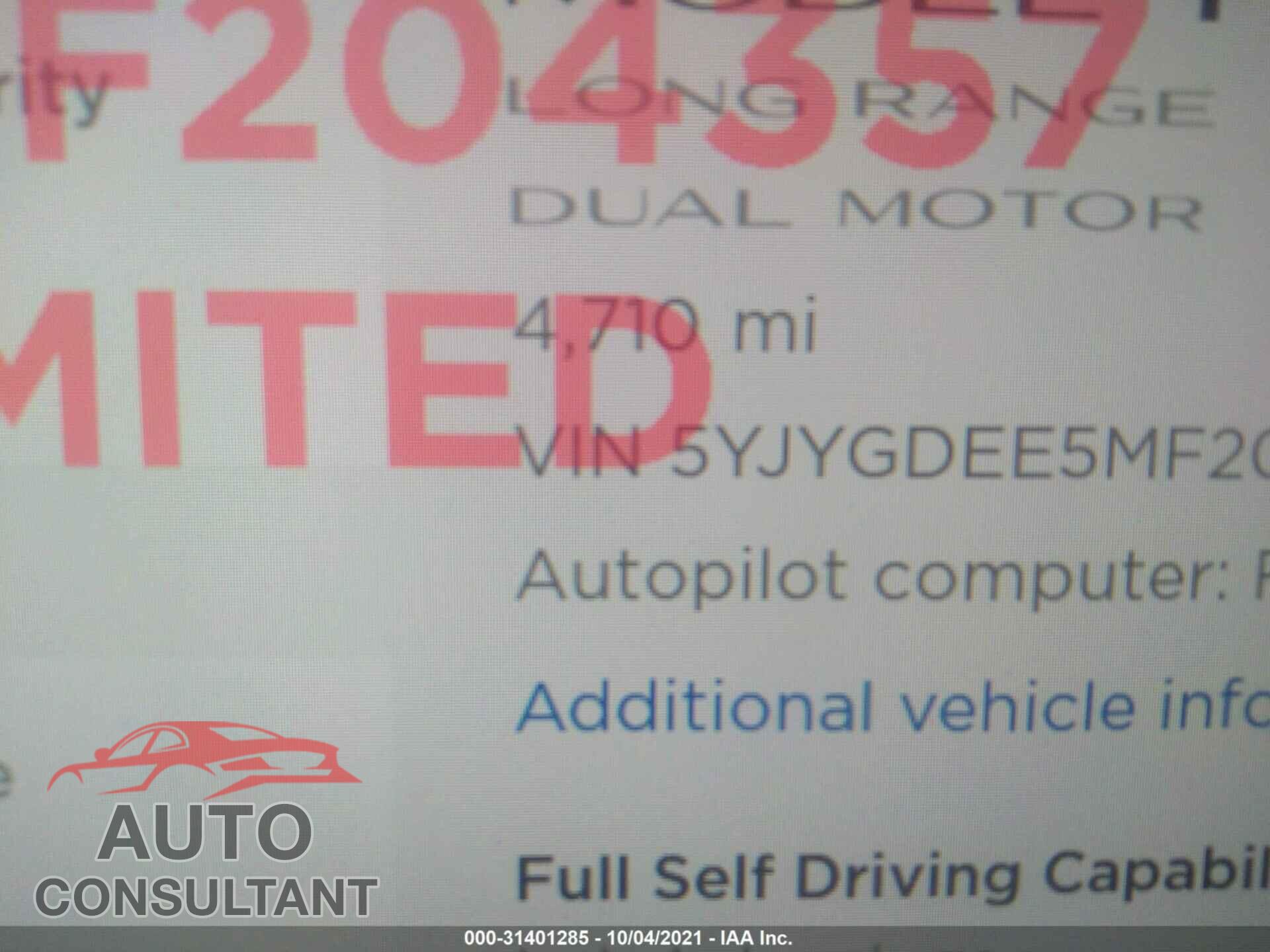 TESLA MODEL Y 2021 - 5YJYGDEE5MF204357