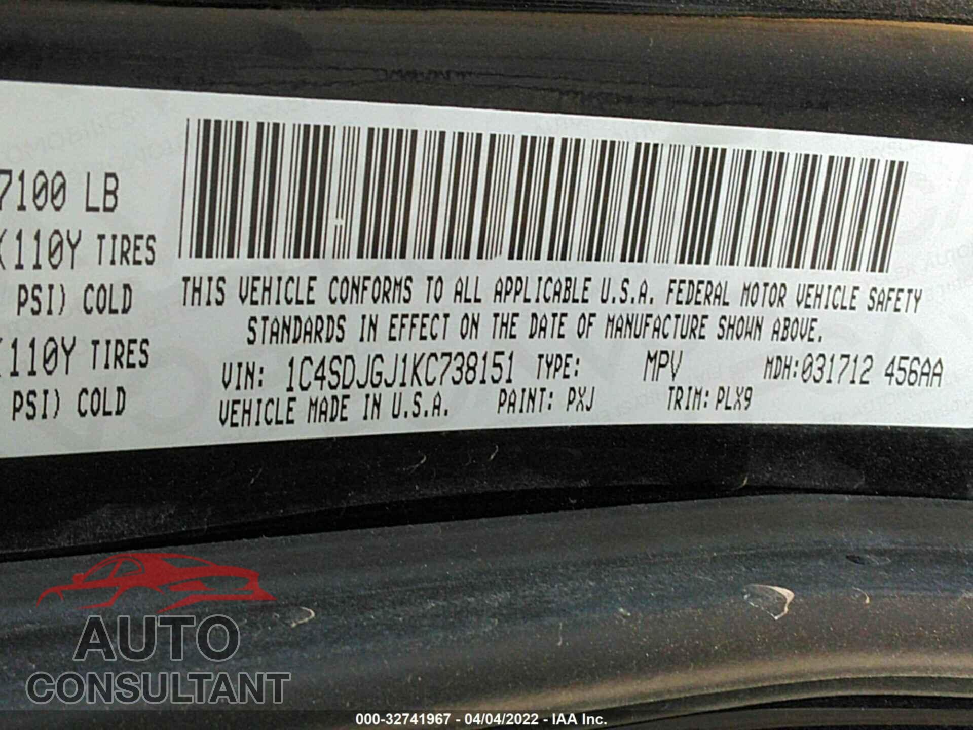DODGE DURANGO 2019 - 1C4SDJGJ1KC738151