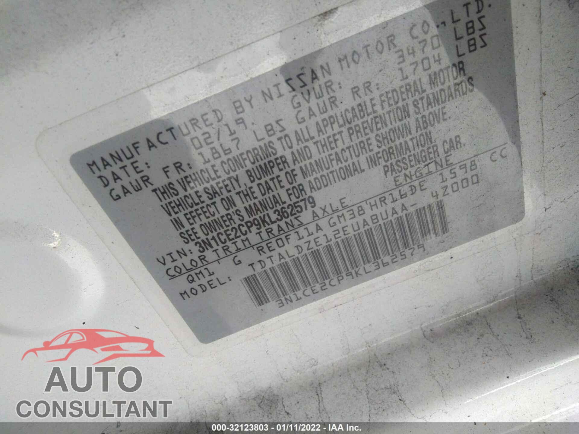 NISSAN VERSA NOTE 2019 - 3N1CE2CP9KL362579