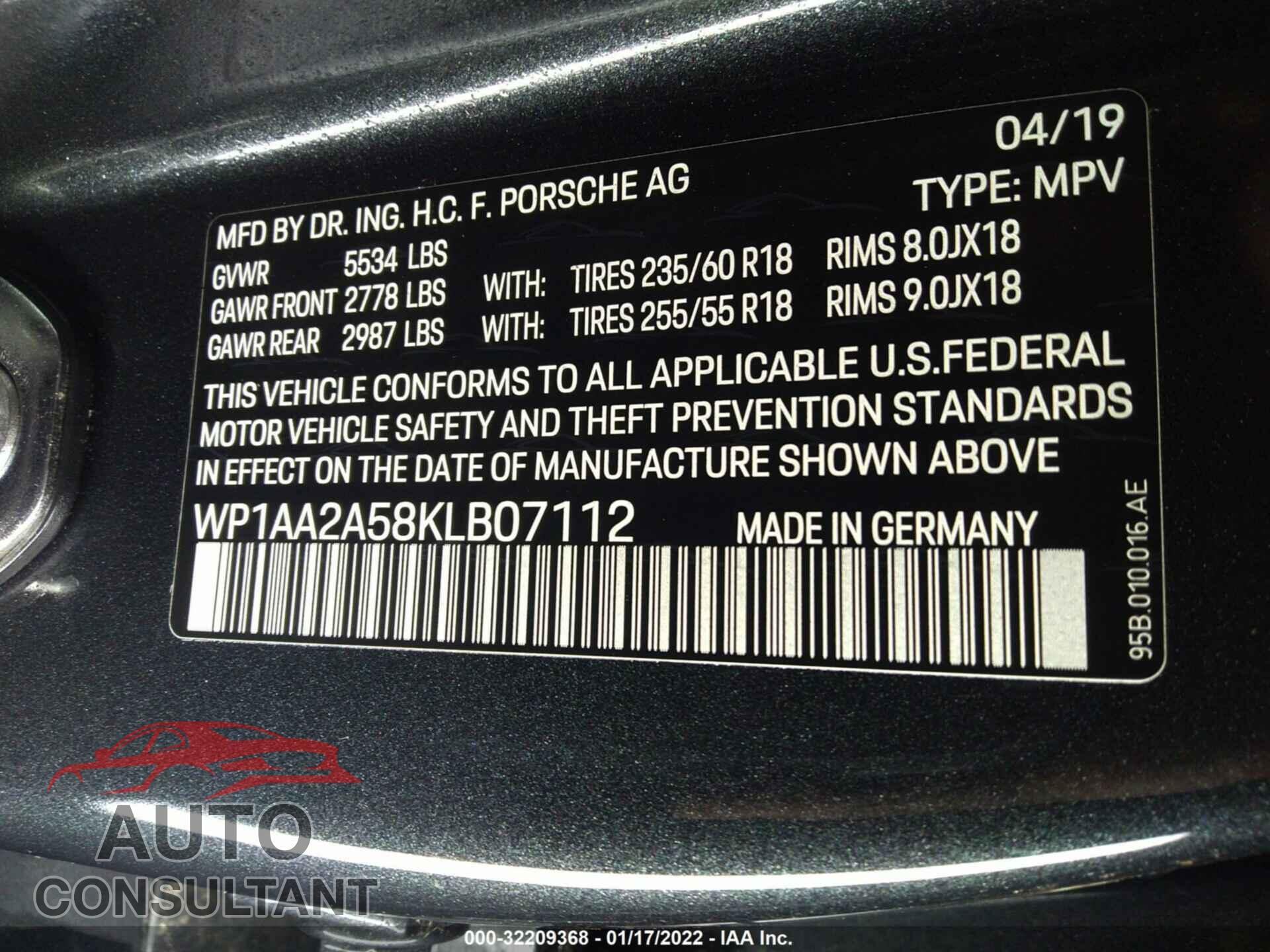 PORSCHE MACAN 2019 - WP1AA2A58KLB07112