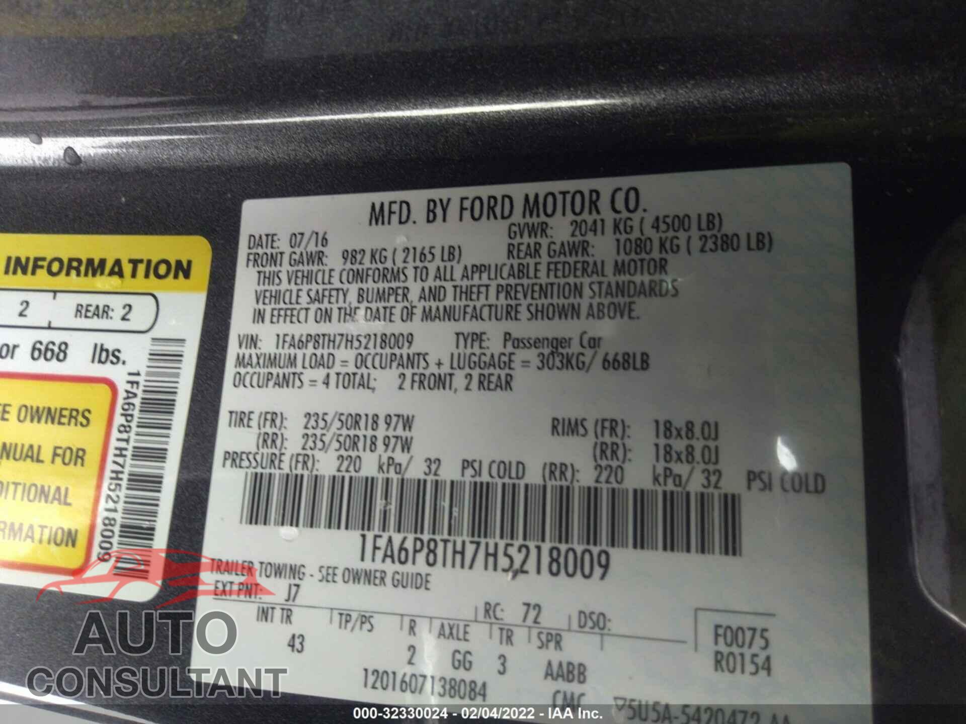 FORD MUSTANG 2017 - 1FA6P8TH7H5218009