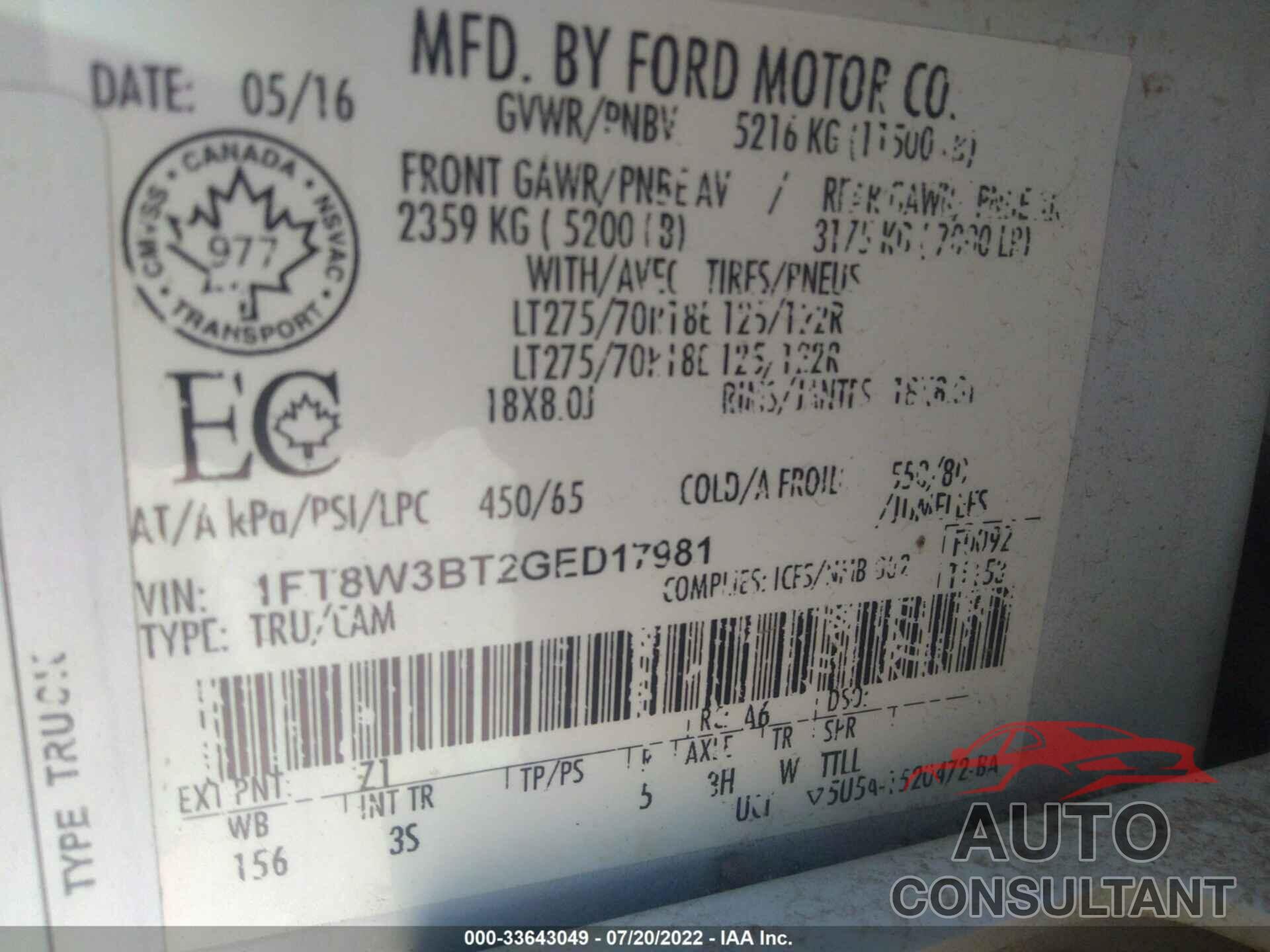 FORD SUPER DUTY F-350 SRW 2016 - 1FT8W3BT2GED17981