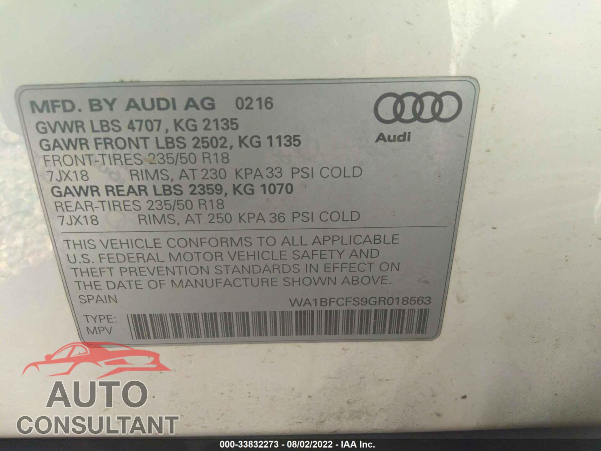 AUDI Q3 2016 - WA1BFCFS9GR018563