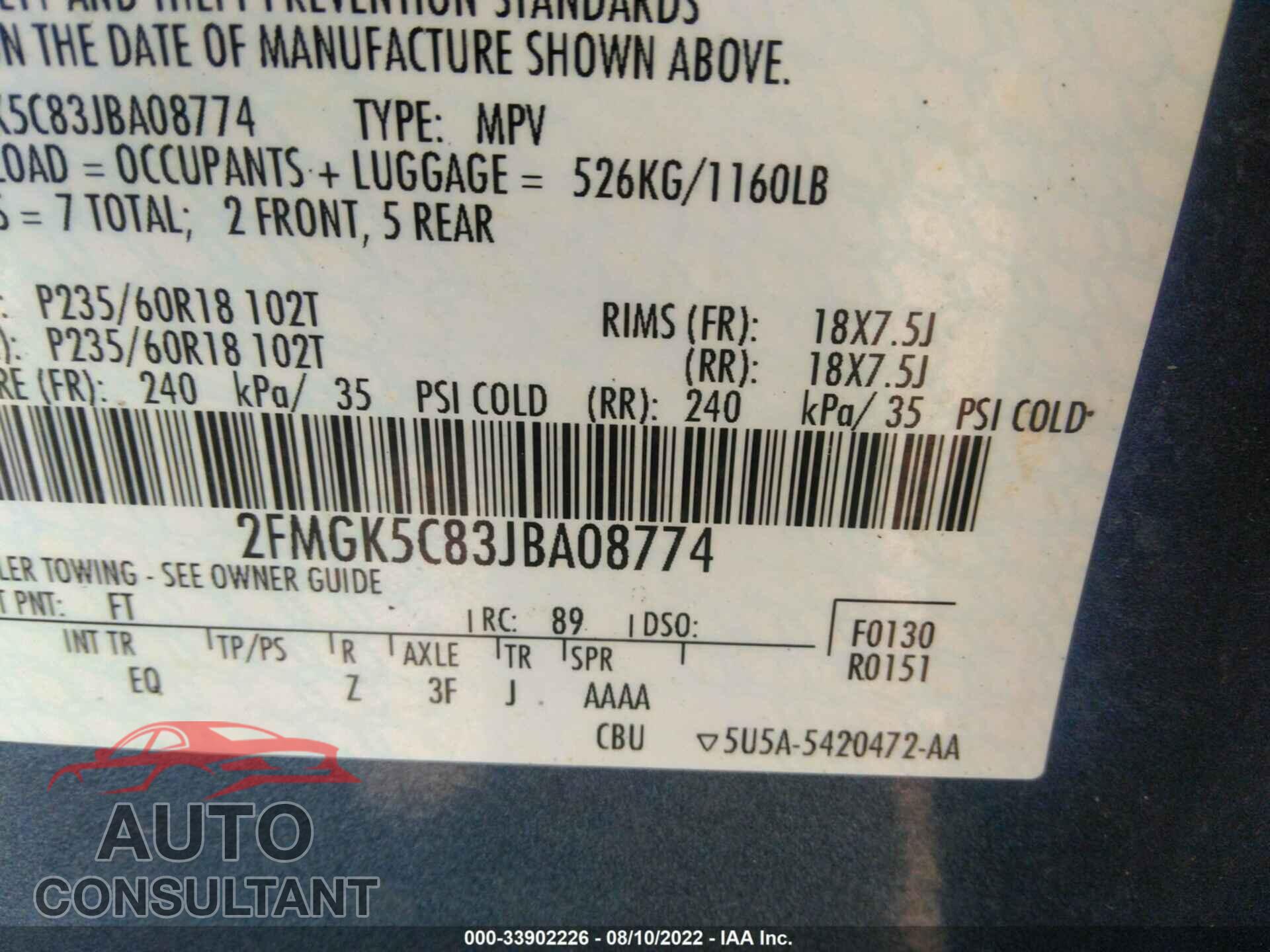 FORD FLEX 2018 - 2FMGK5C83JBA08774