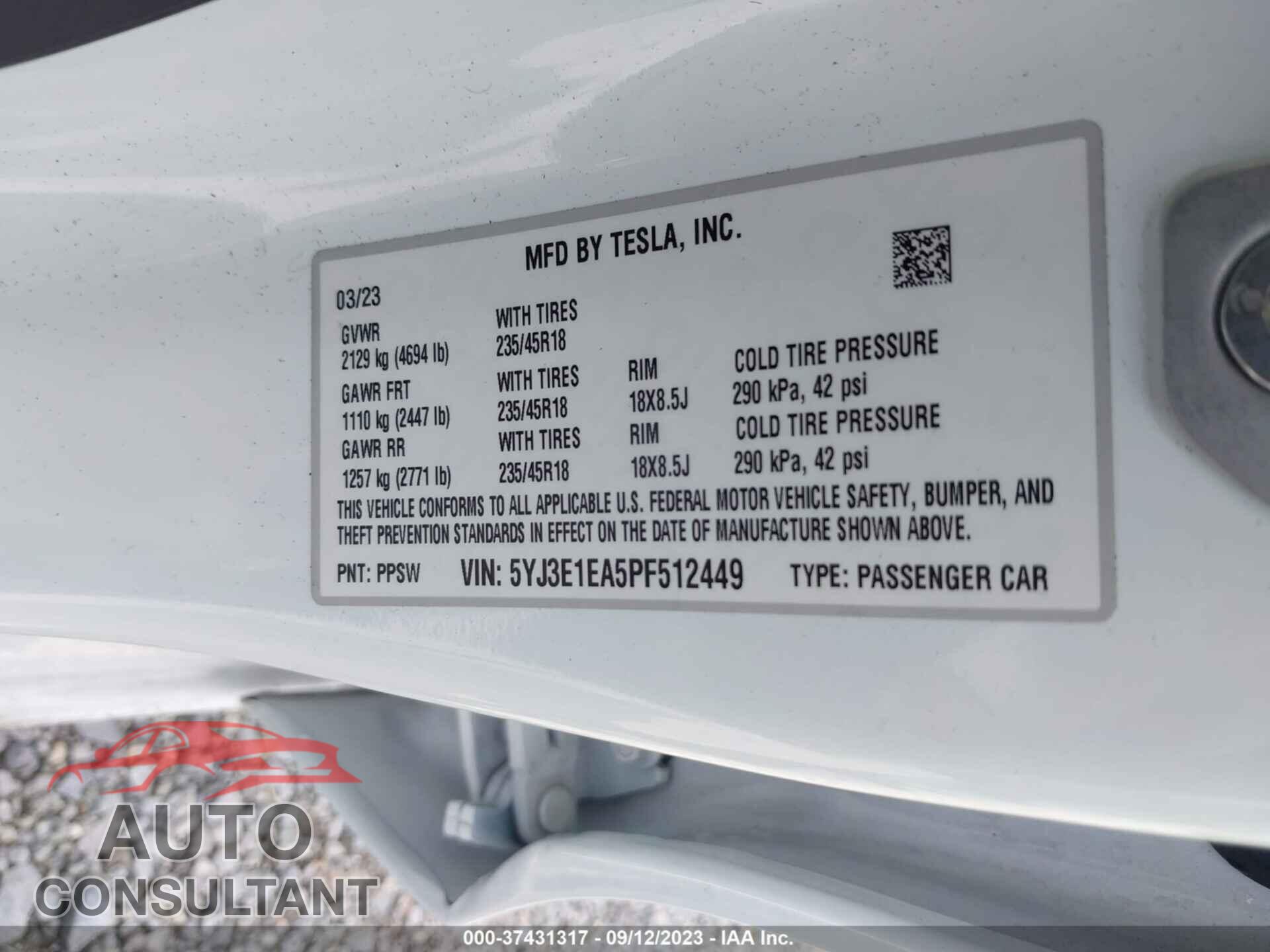 TESLA MODEL 3 2023 - 5YJ3E1EA5PF512449