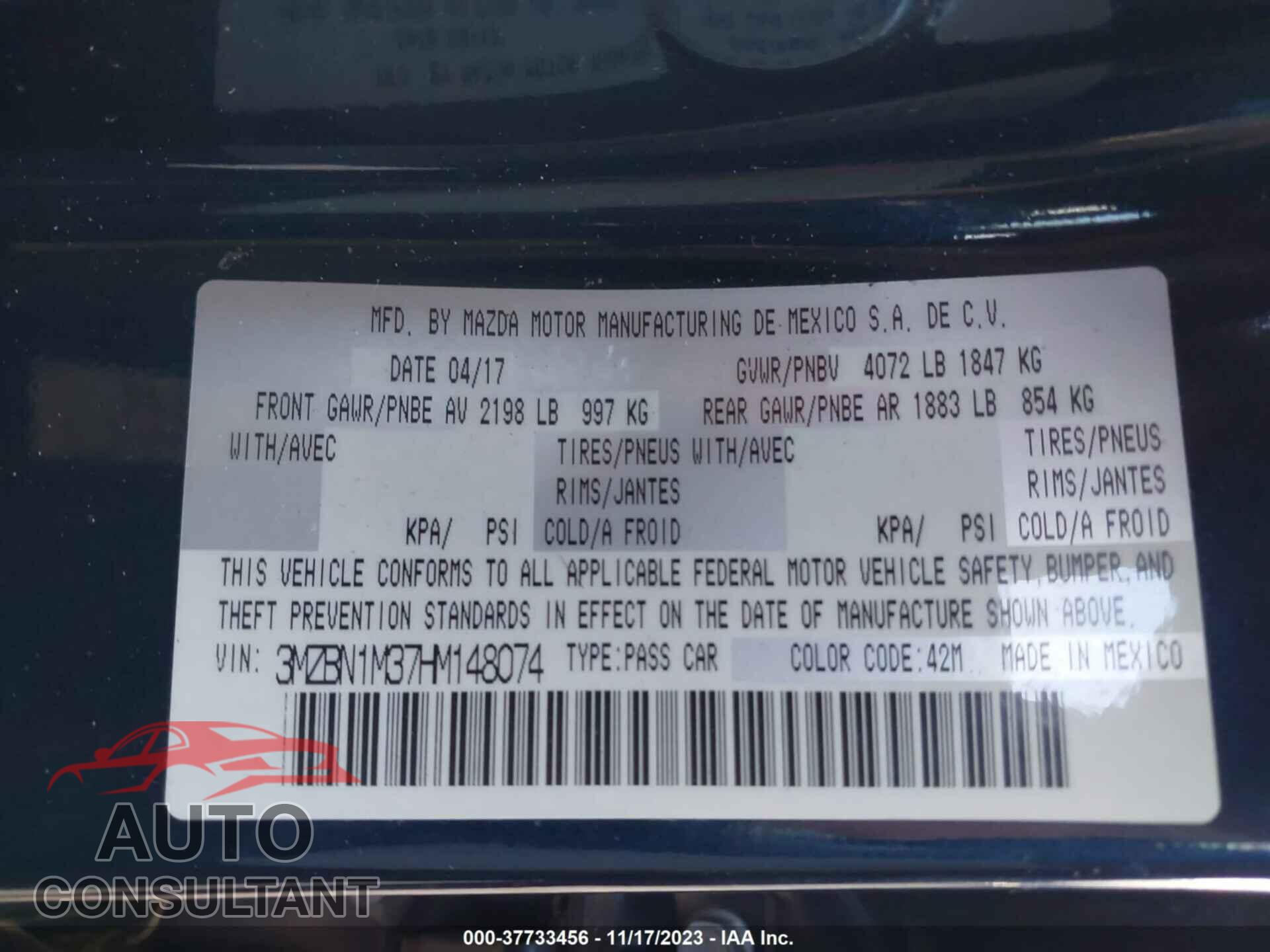MAZDA MAZDA3 2017 - 3MZBN1M37HM148074