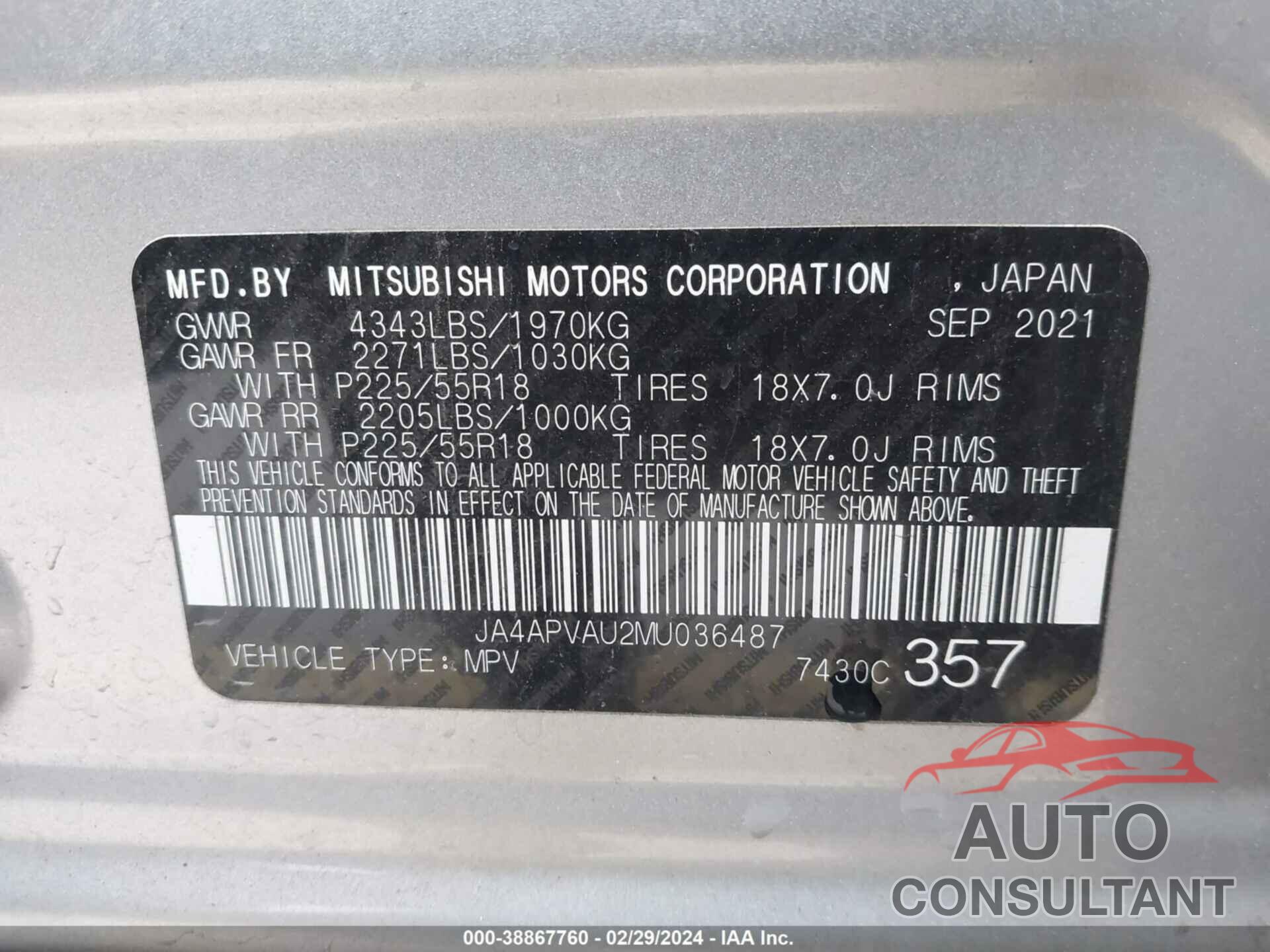 MITSUBISHI OUTLANDER SPORT 2021 - JA4APVAU2MU036487