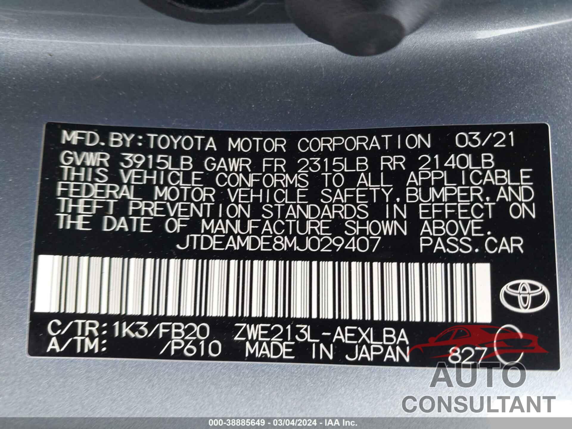 TOYOTA COROLLA 2021 - JTDEAMDE8MJ029407