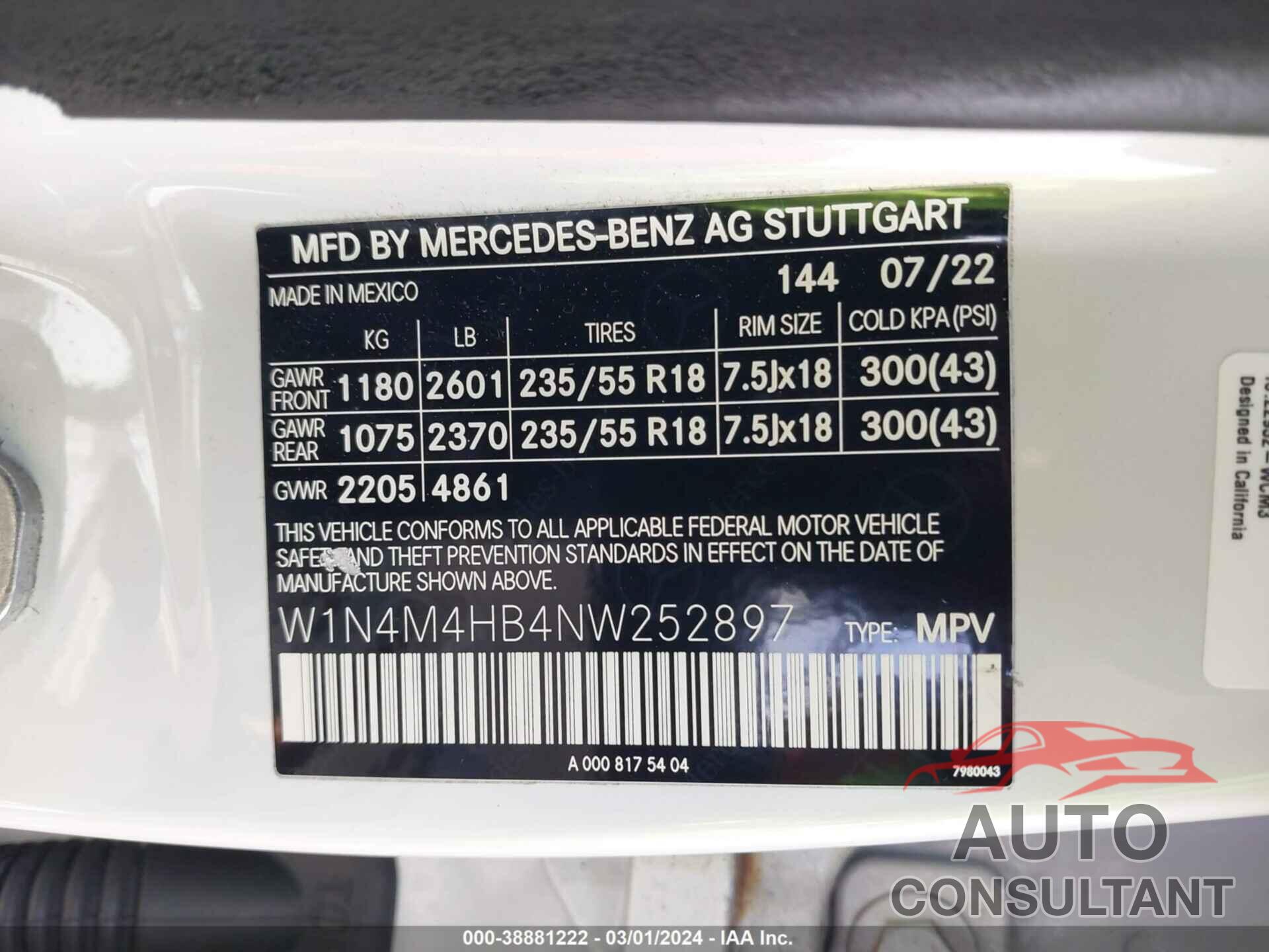 MERCEDES-BENZ GLB 250 2022 - W1N4M4HB4NW252897