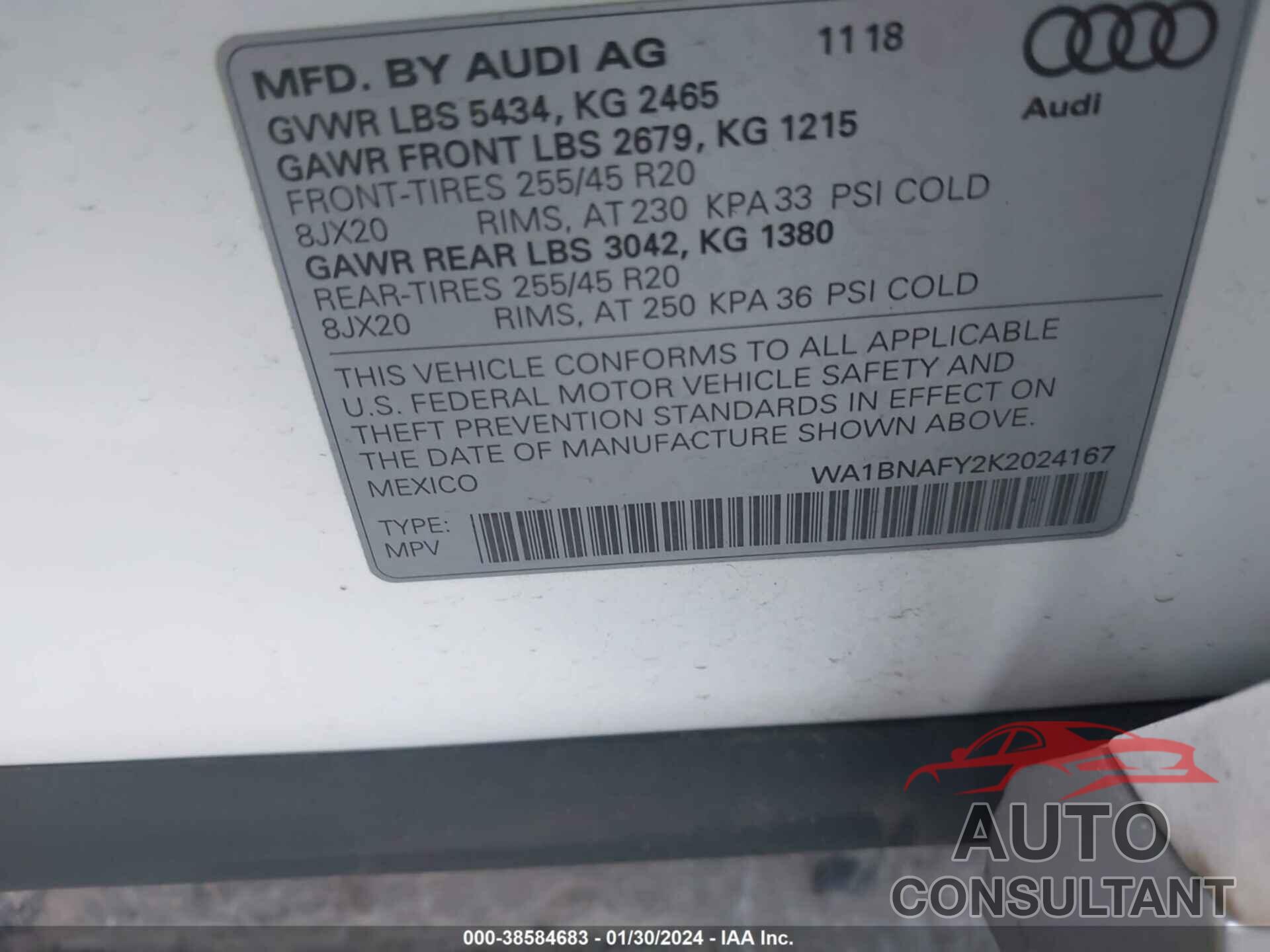 AUDI Q5 2019 - WA1BNAFY2K2024167