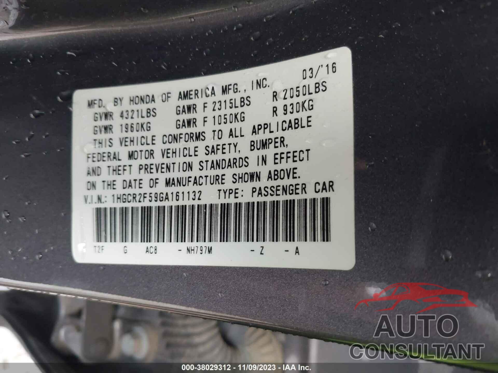 HONDA ACCORD 2016 - 1HGCR2F59GA161132