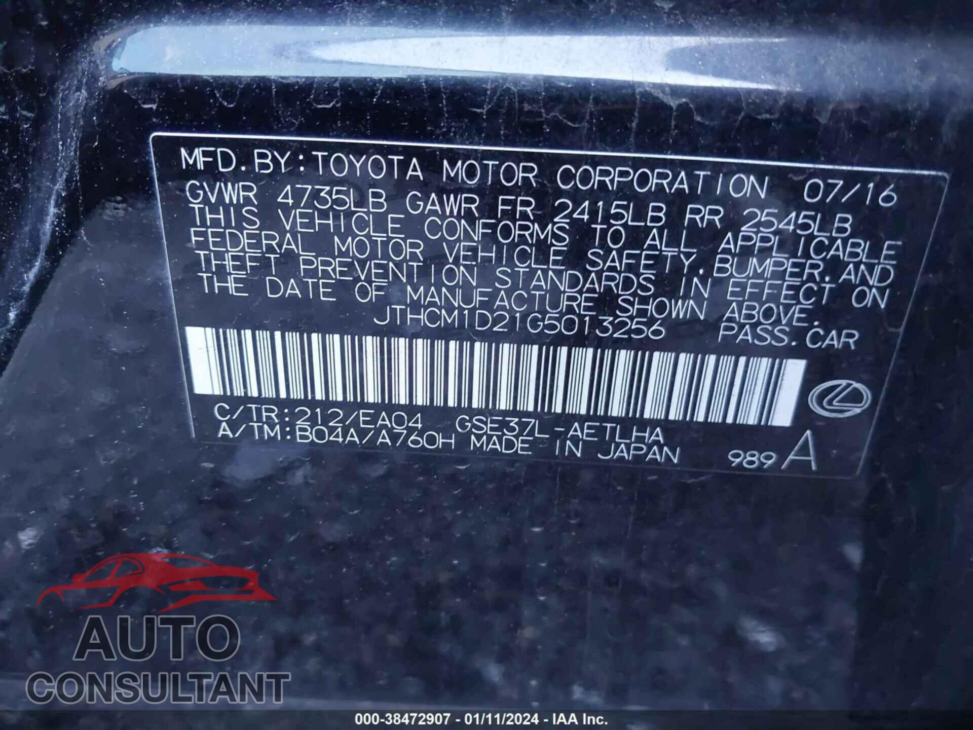 LEXUS IS 2016 - JTHCM1D21G5013256