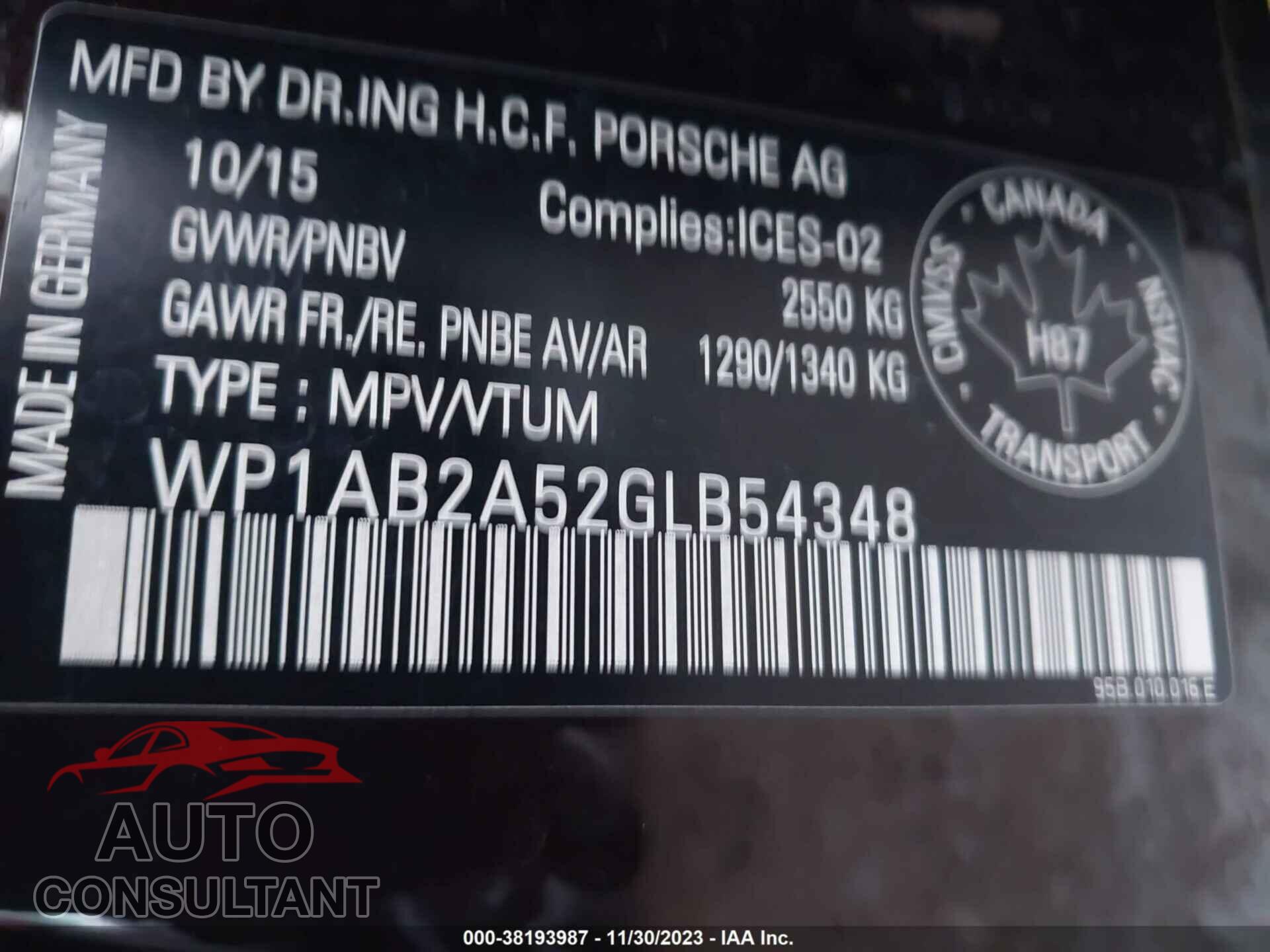 PORSCHE MACAN 2016 - WP1AB2A52GLB54348