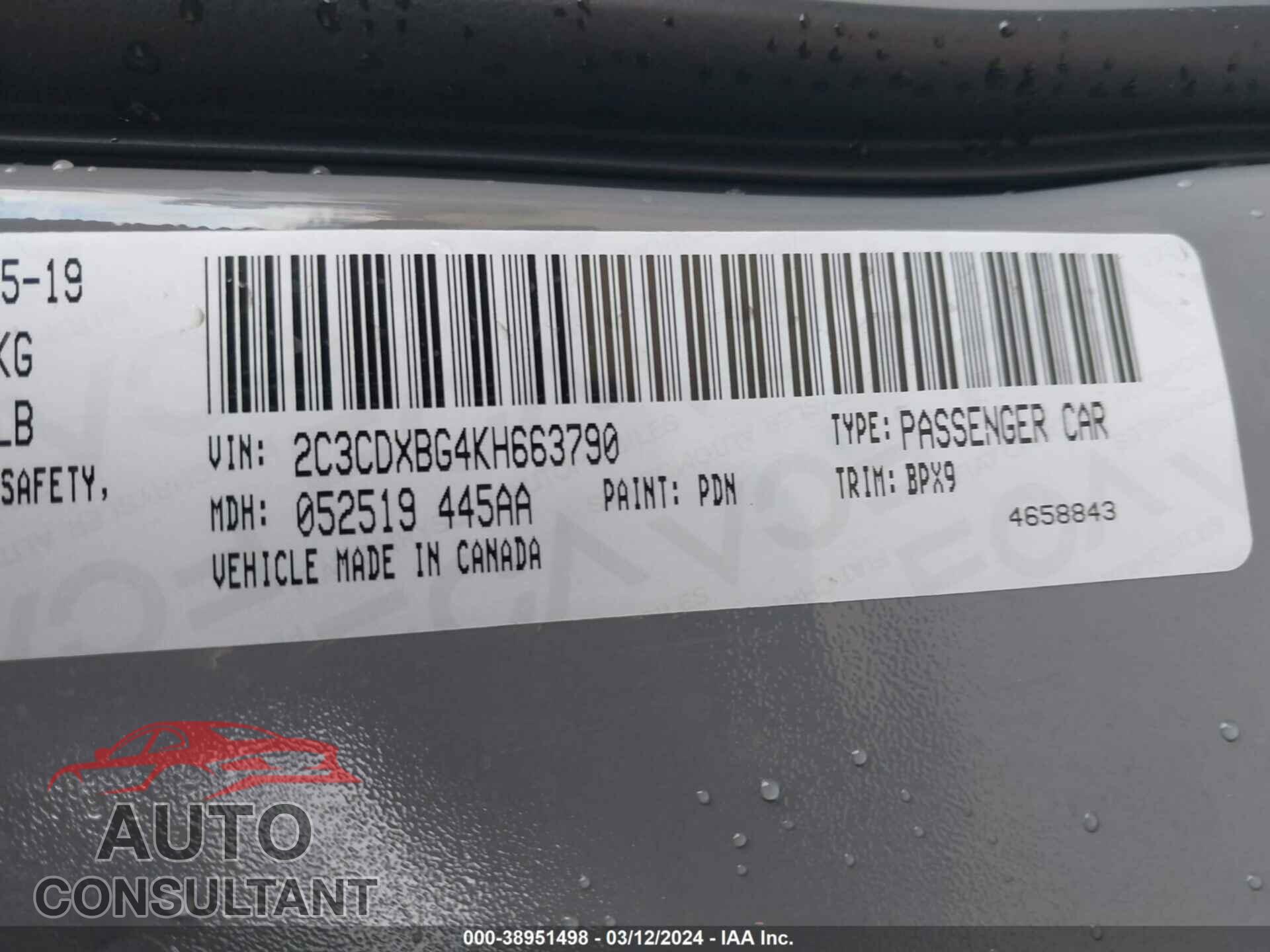 DODGE CHARGER 2019 - 2C3CDXBG4KH663790
