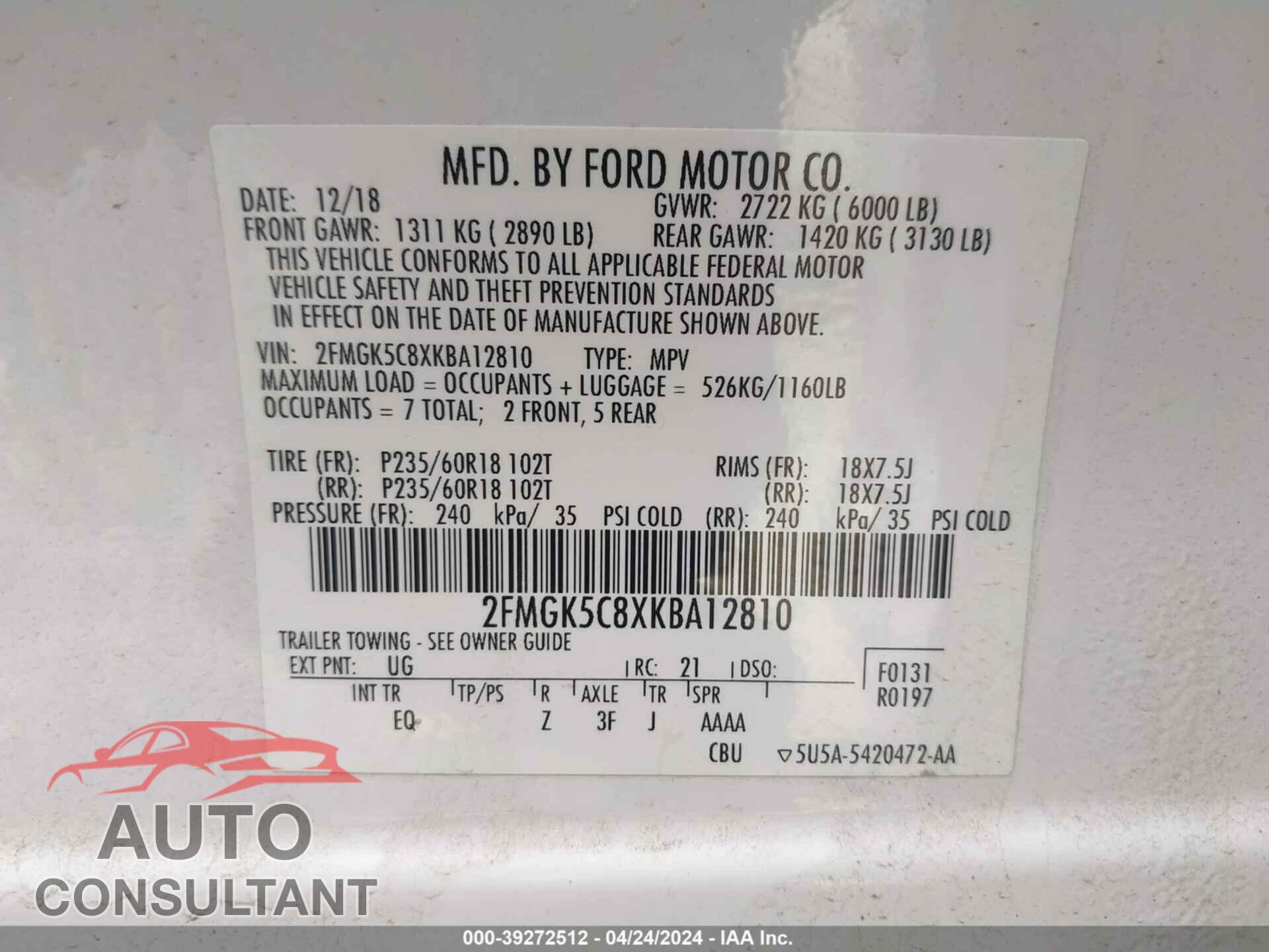 FORD FLEX 2019 - 2FMGK5C8XKBA12810