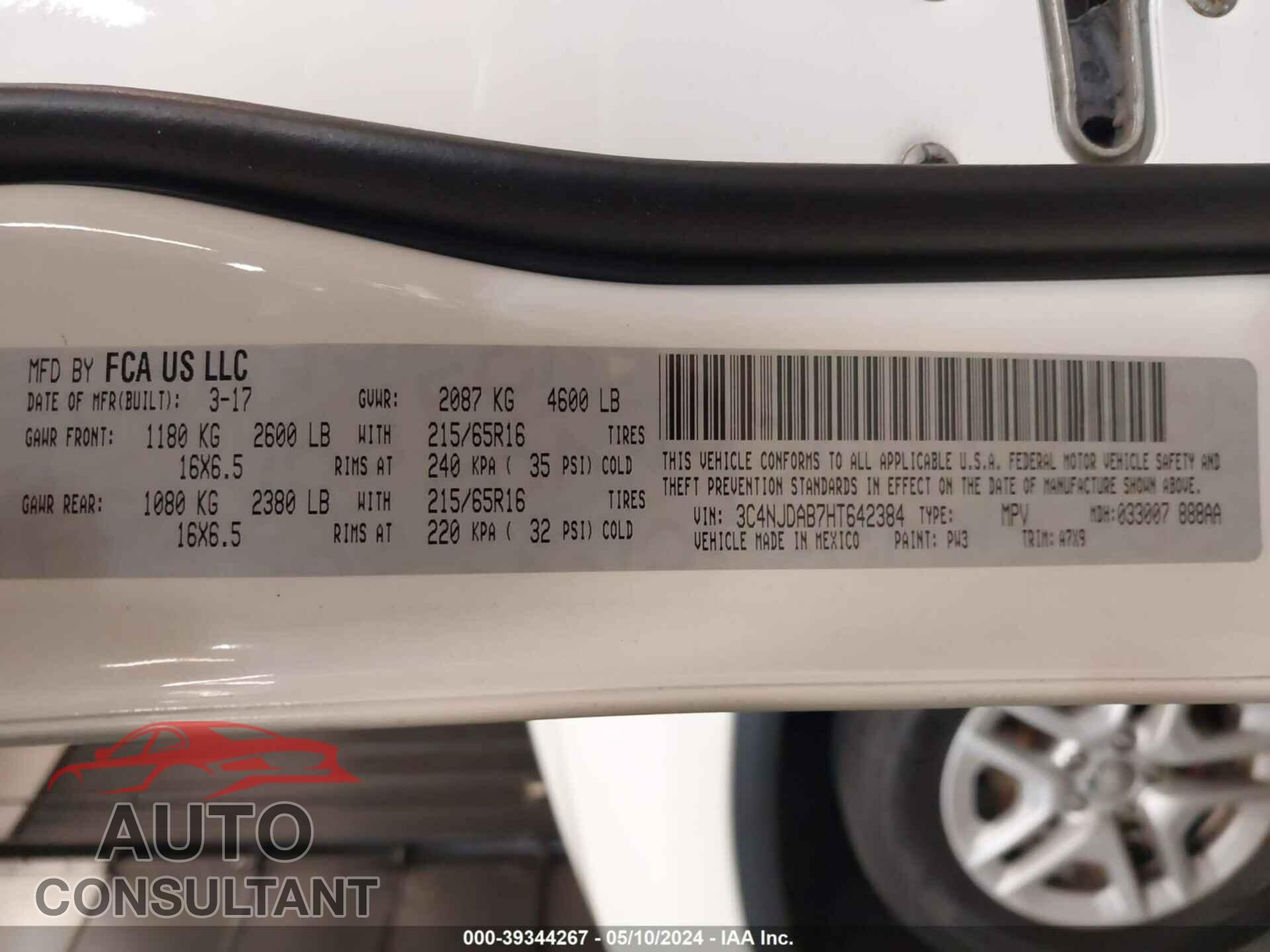 JEEP COMPASS 2017 - 3C4NJDAB7HT642384