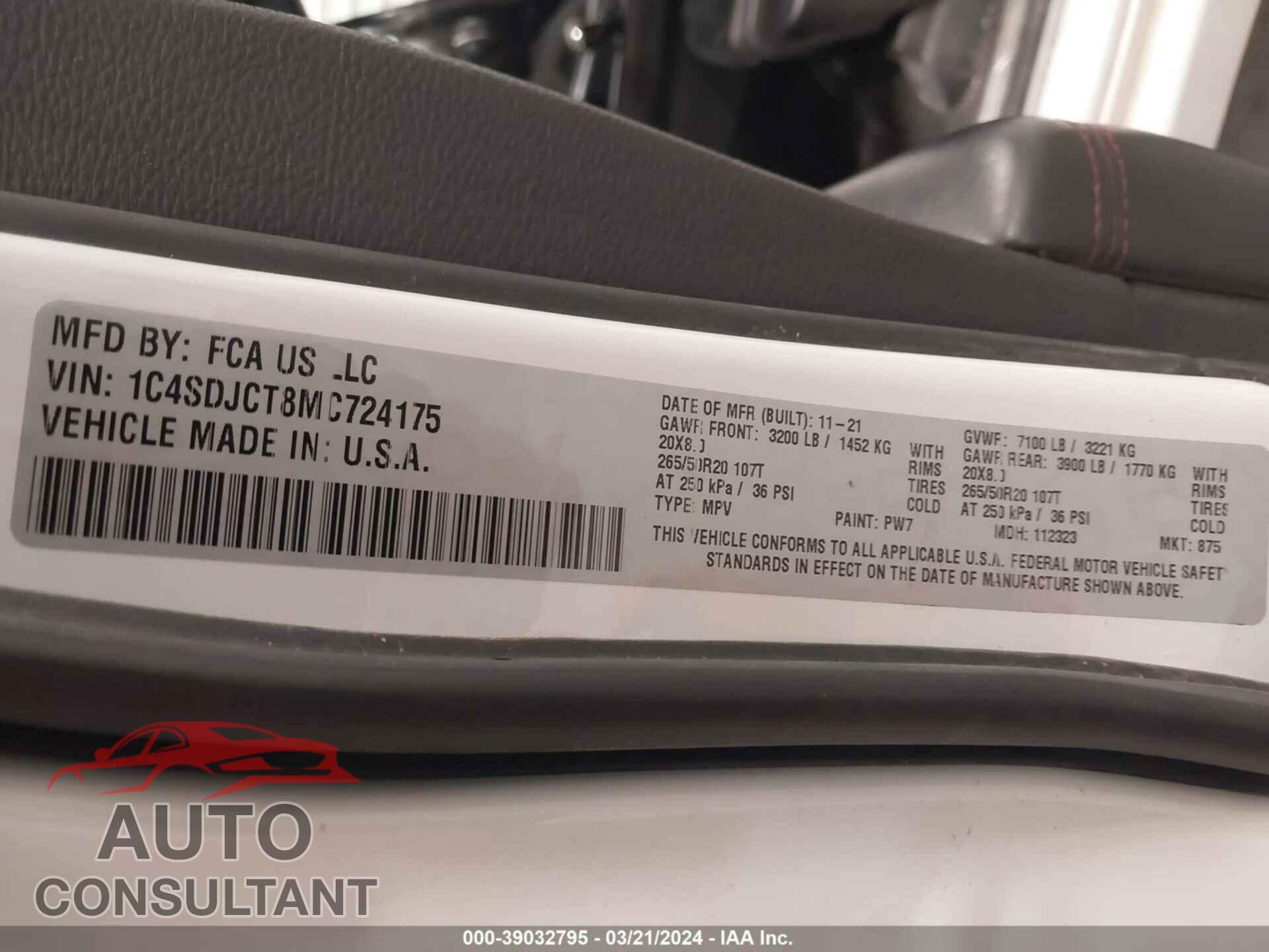 DODGE DURANGO 2021 - 1C4SDJCT8MC724175