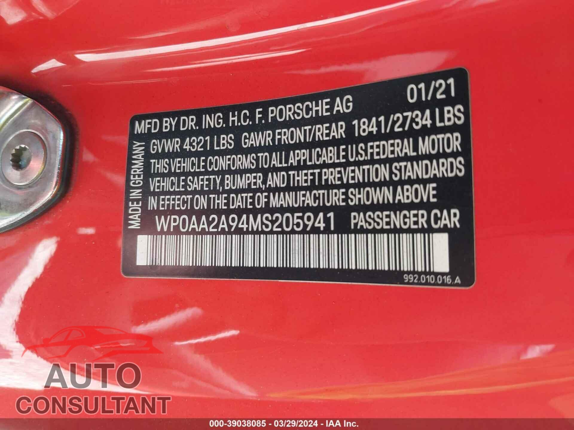 PORSCHE 911 2021 - WP0AA2A94MS205941