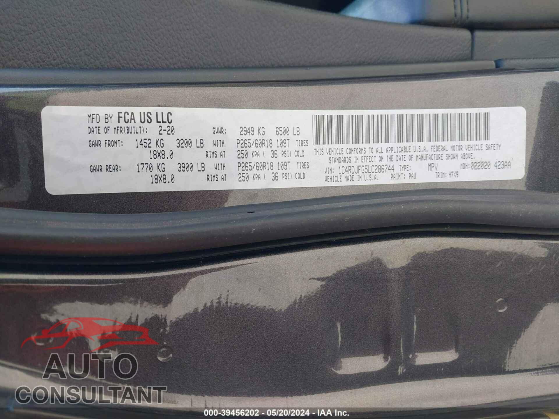 DODGE DURANGO 2020 - 1C4RDJFG5LC286744