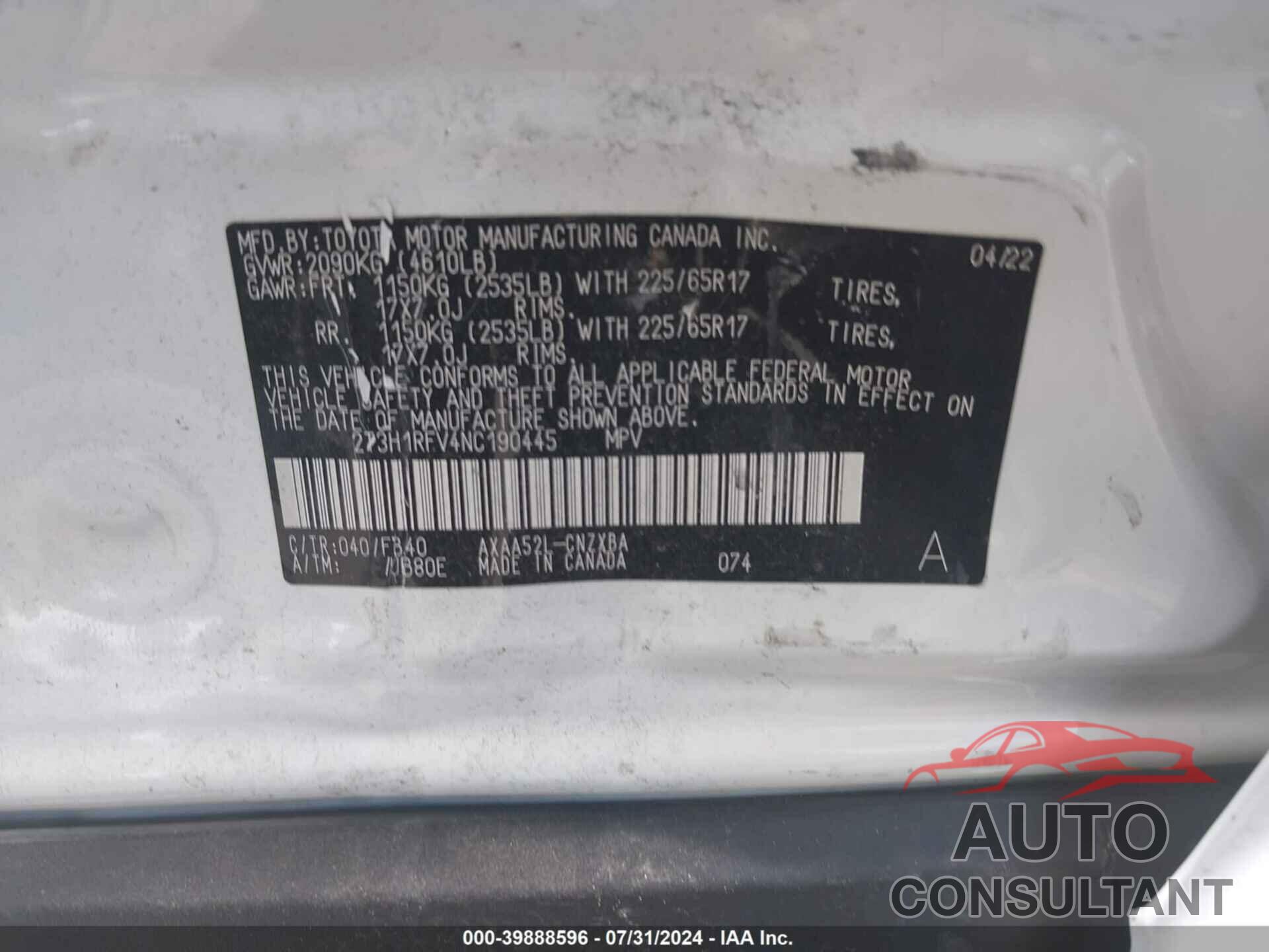 TOYOTA RAV4 2022 - 2T3H1RFV4NC190445