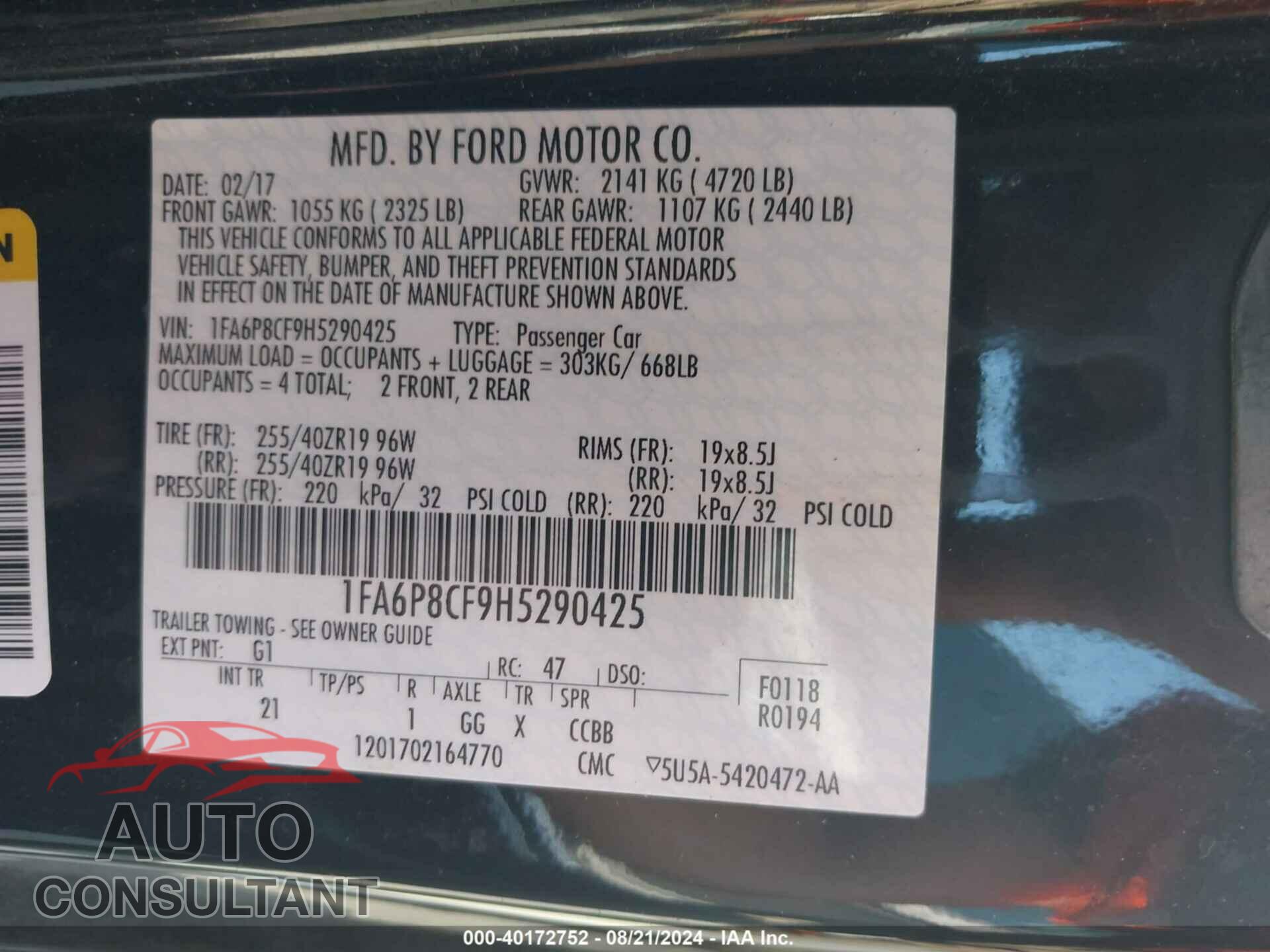 FORD MUSTANG 2017 - 1FA6P8CF9H5290425