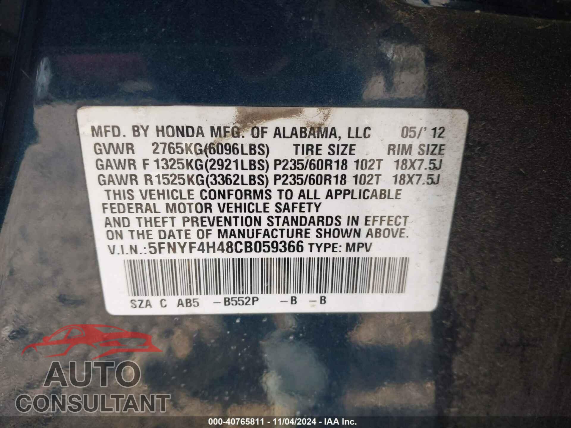 HONDA PILOT 2012 - 5FNYF4H48CB059366