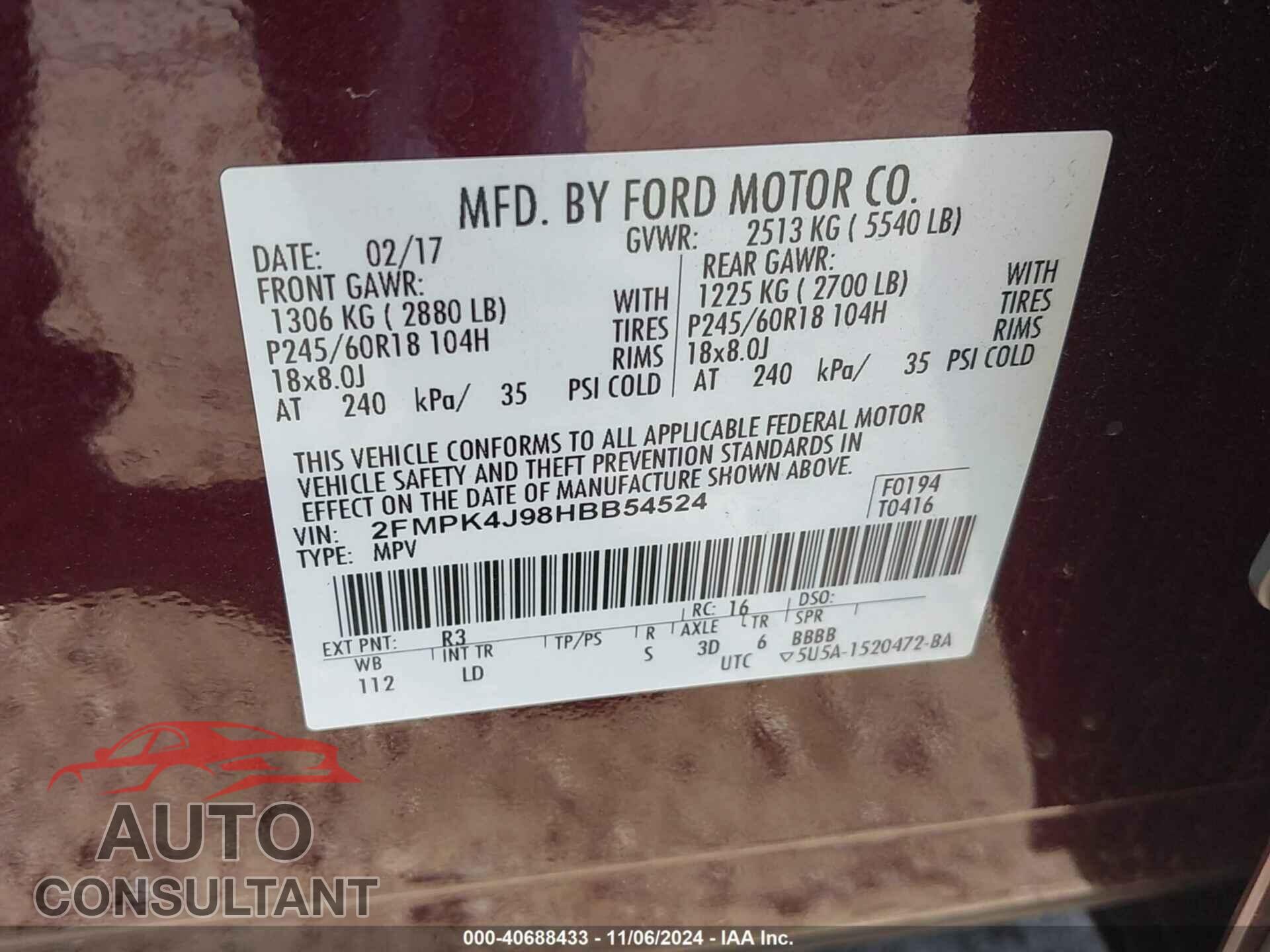 FORD EDGE 2017 - 2FMPK4J98HBB54524
